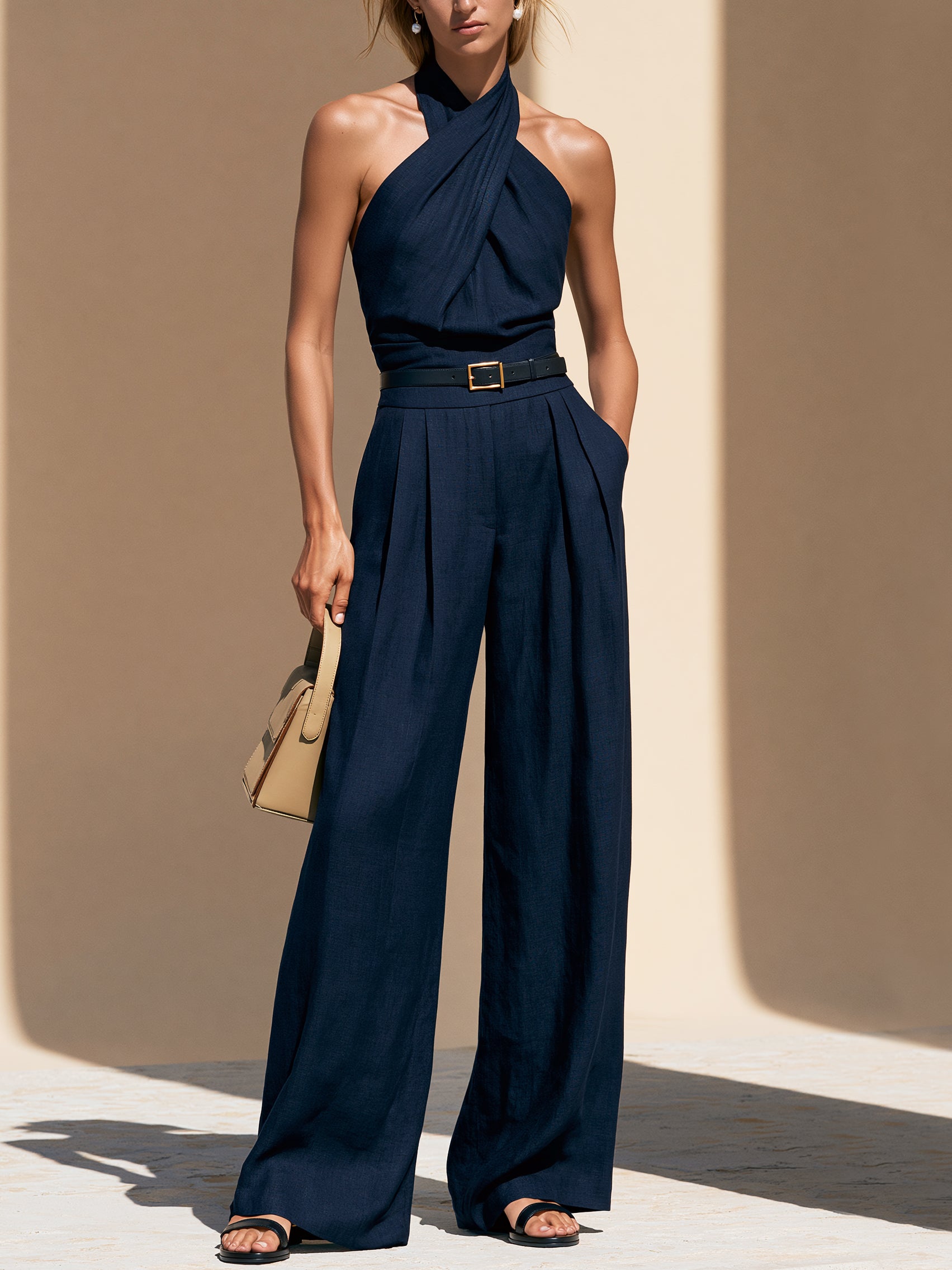 Midnight Navy Halter Jumpsuit With Buckle Belt