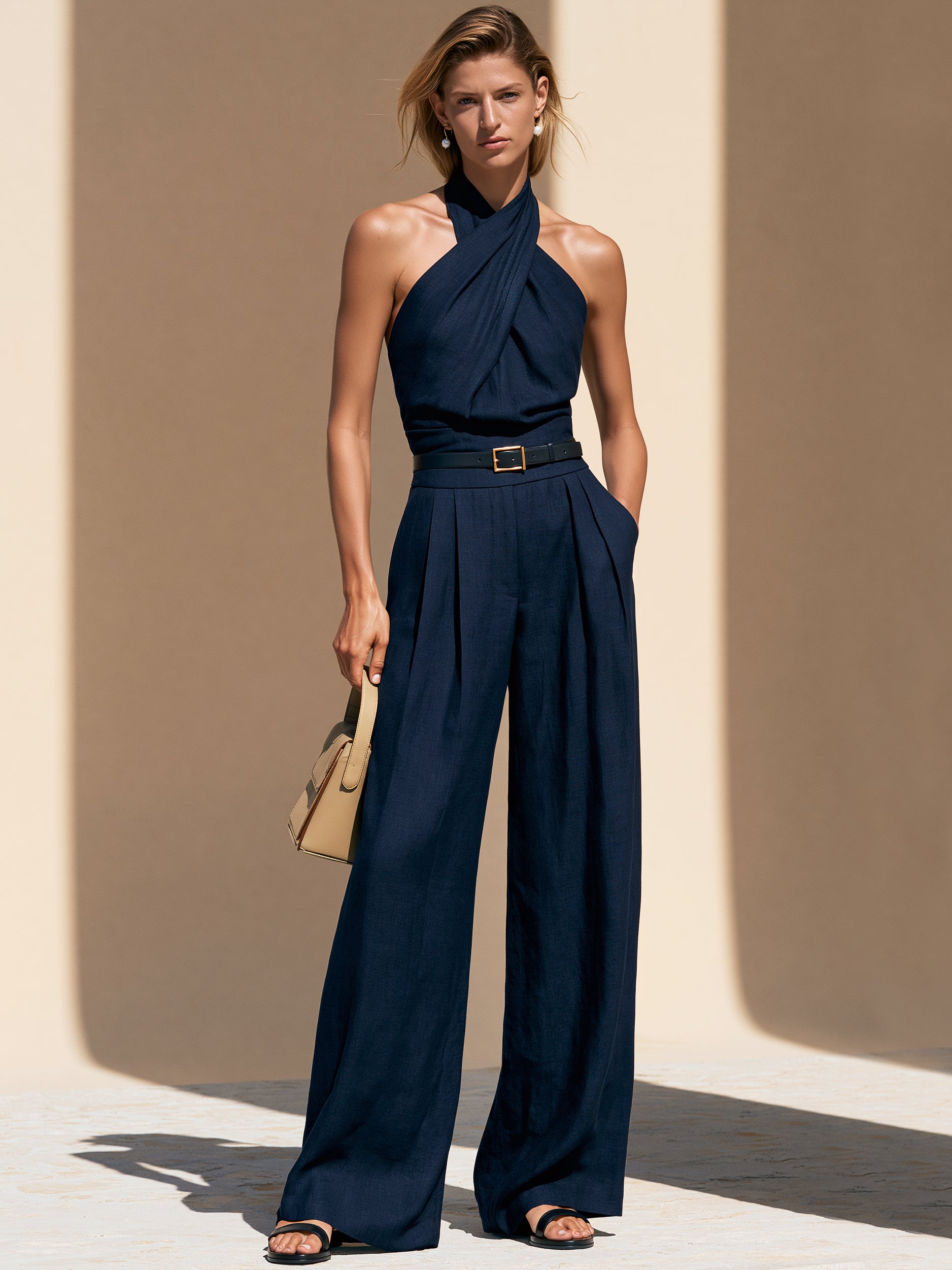 Midnight Navy Halter Jumpsuit With Buckle Belt