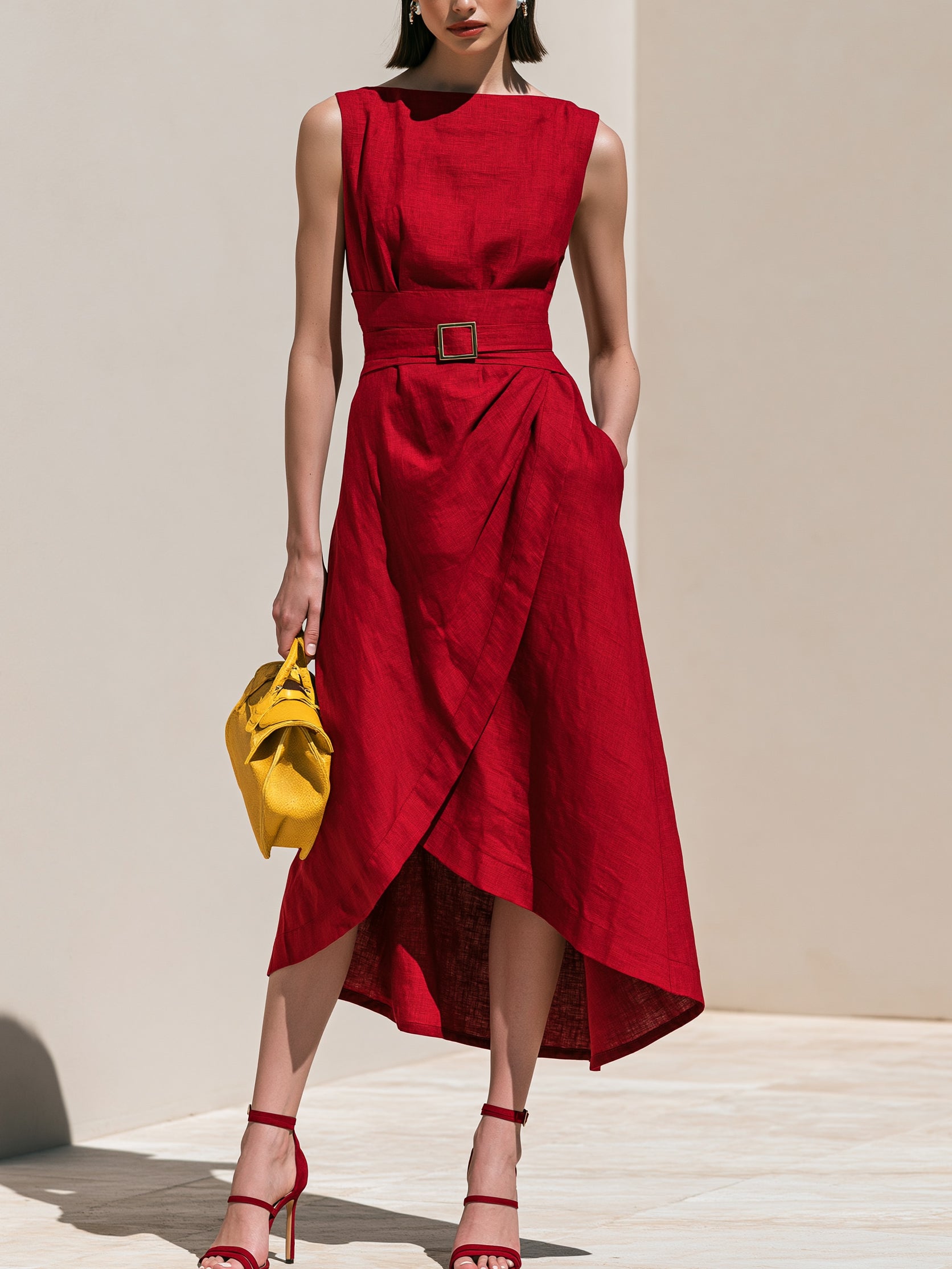 Scarlet Red Linen Sleeveless Asymmetric Hem Midi Dress