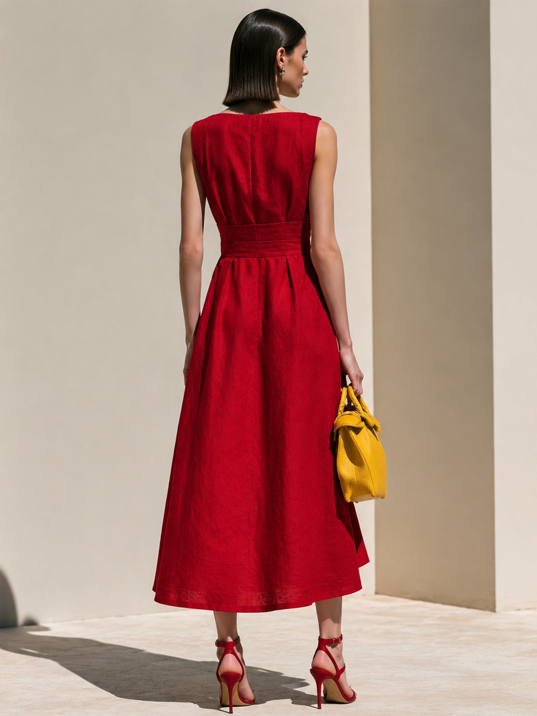 Scarlet Red Linen Sleeveless Asymmetric Hem Midi Dress