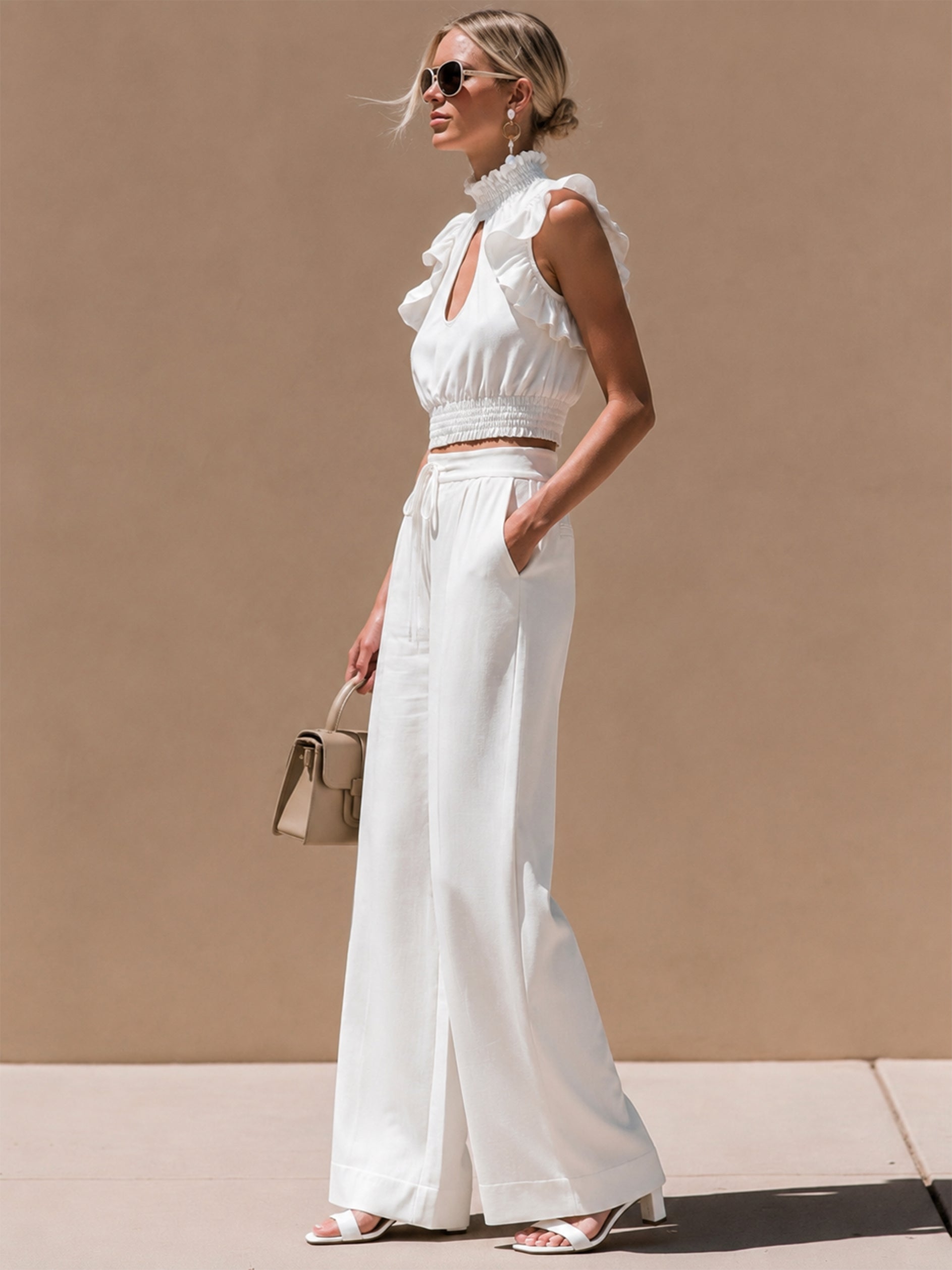 White Ruffle Mock Neck Cami & Drawstring Wide Leg Trousers Set