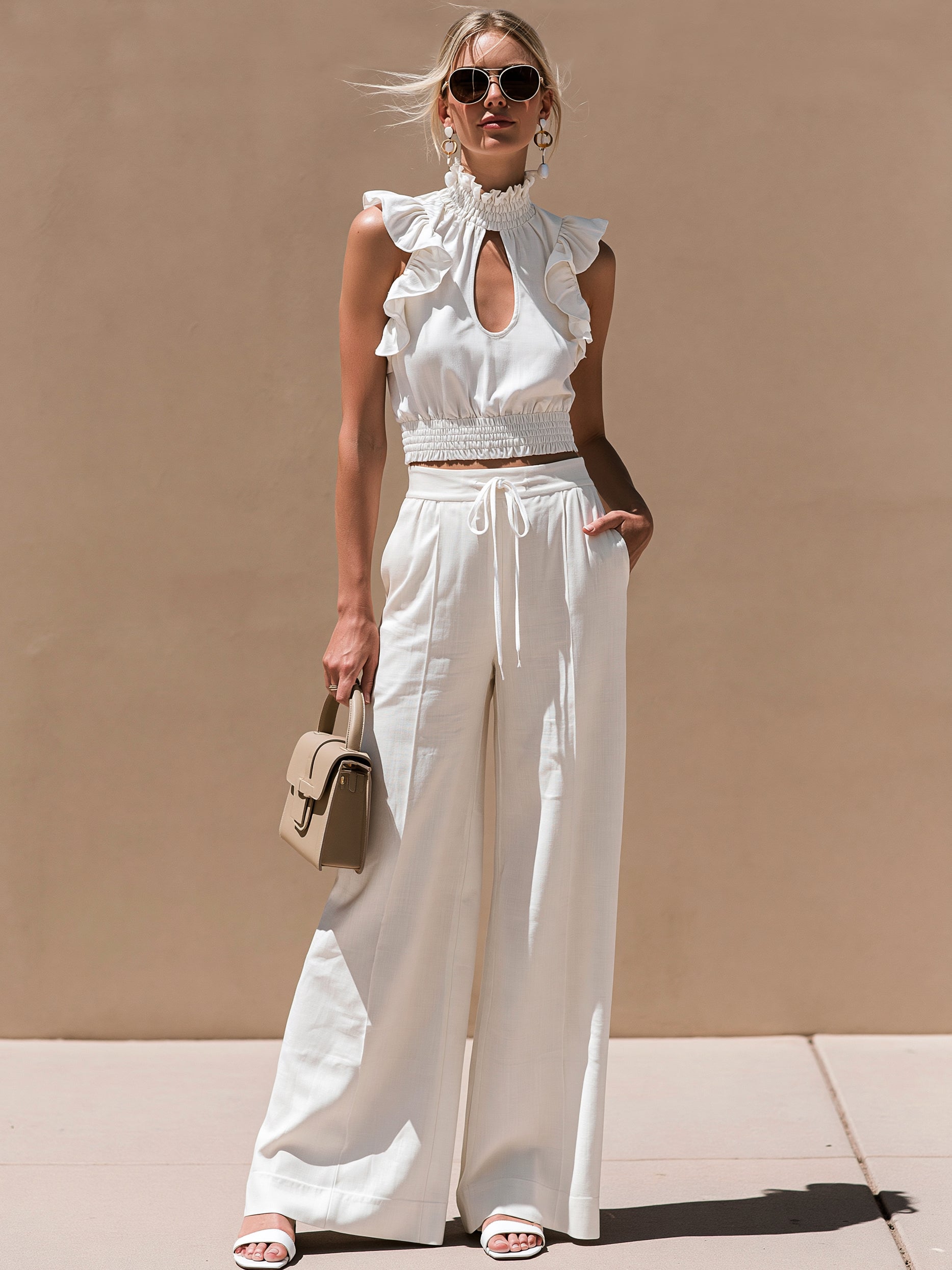 White Ruffle Mock Neck Cami & Drawstring Wide Leg Trousers Set