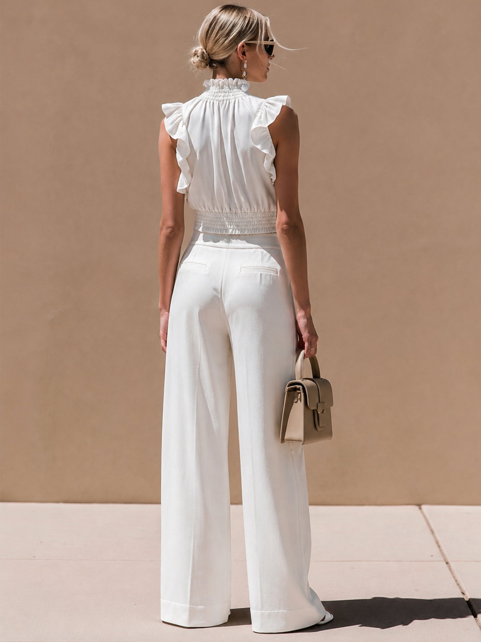 White Ruffle Mock Neck Cami & Drawstring Wide Leg Trousers Set