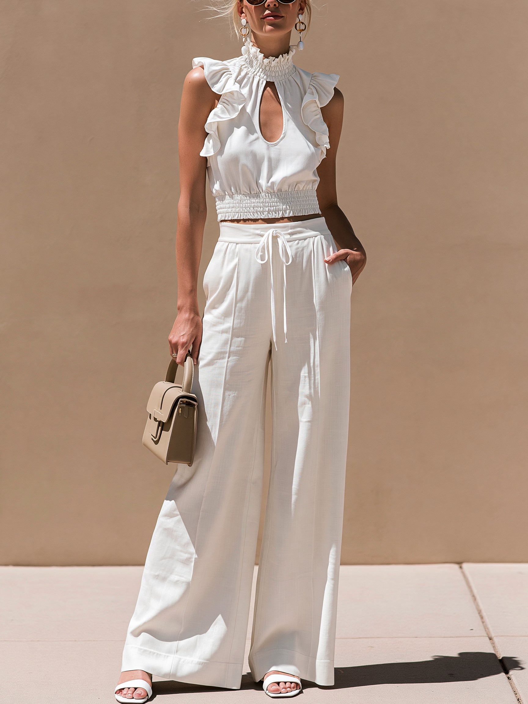 White Ruffle Mock Neck Cami & Drawstring Wide Leg Trousers Set