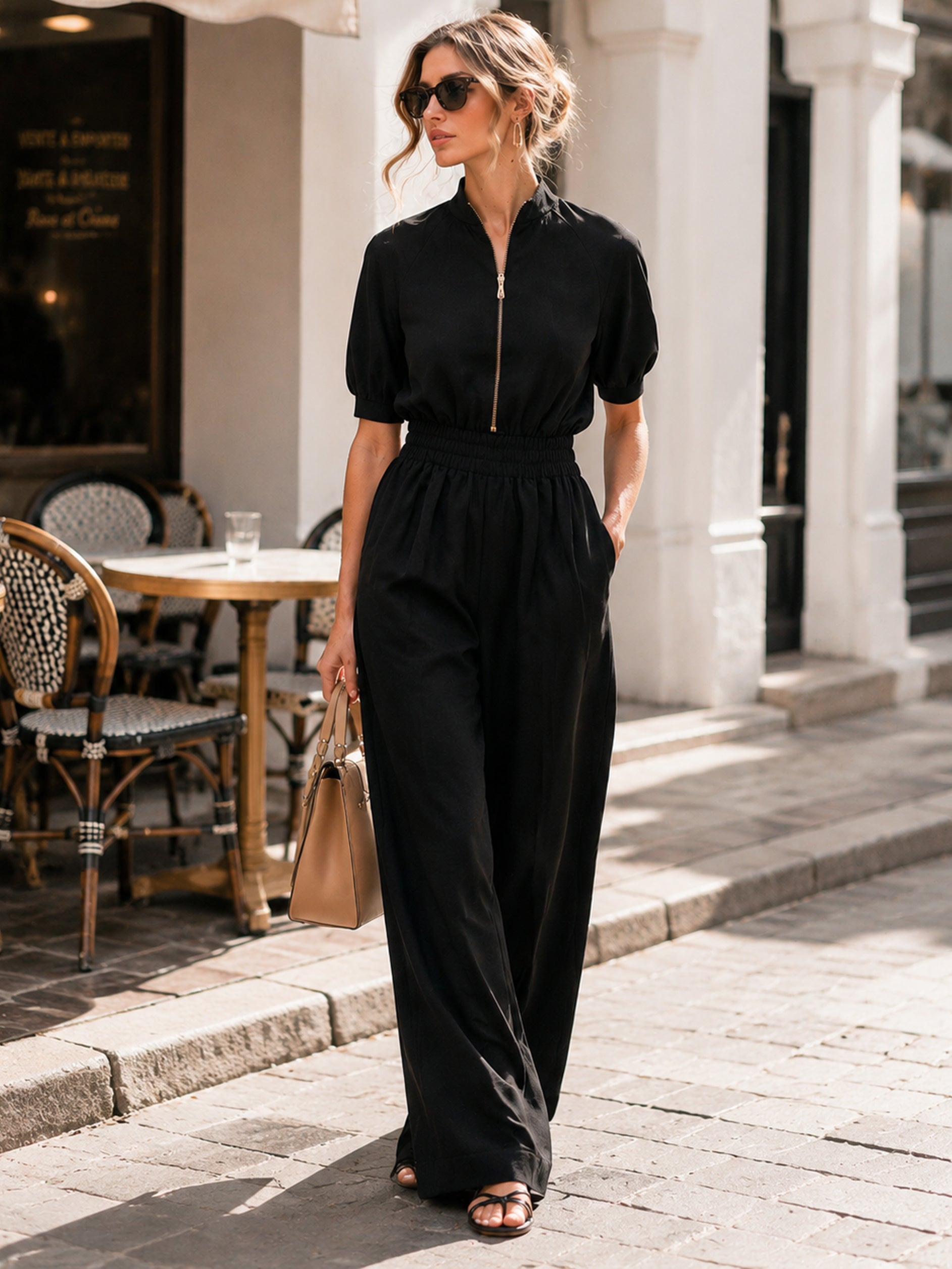 Black Stand Collar Zip Short Sleeve Tailored Jumpsuit