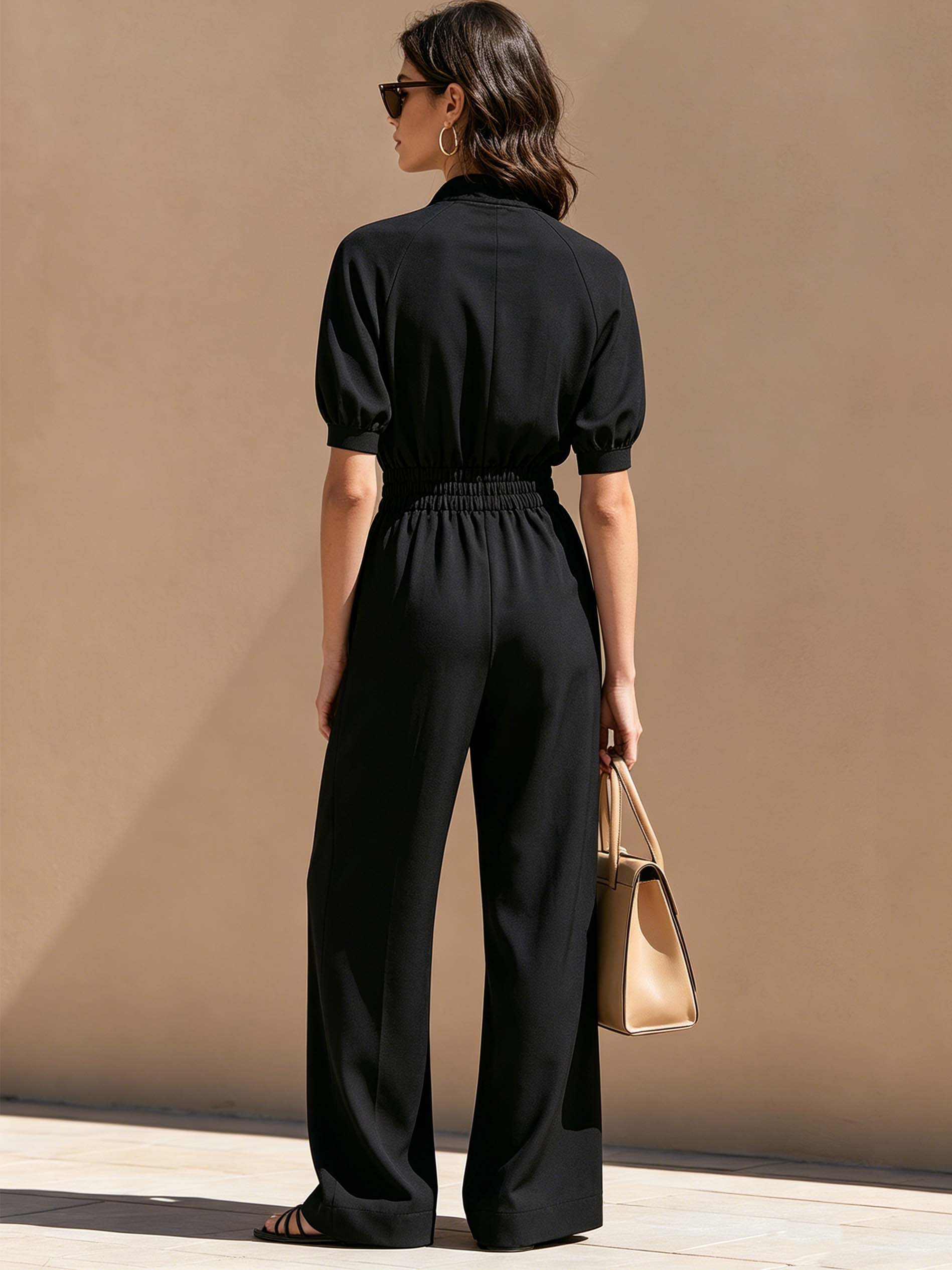 Black Stand Collar Zip Short Sleeve Tailored Jumpsuit