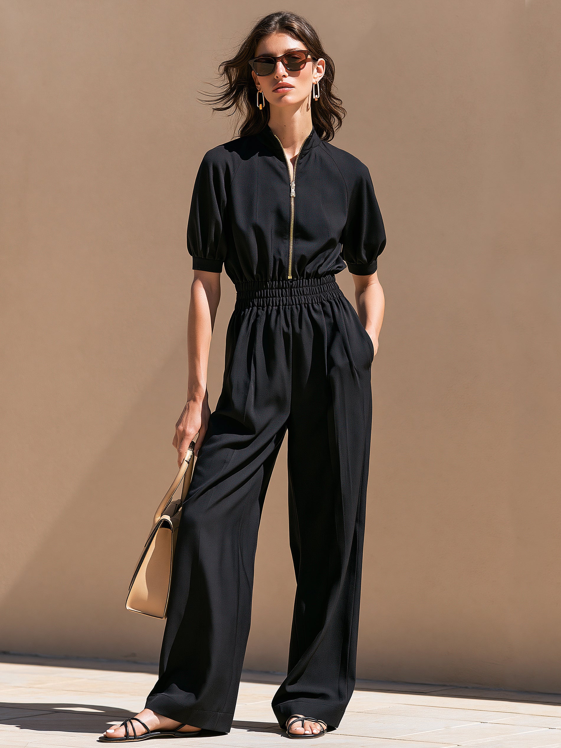 Black Stand Collar Zip Short Sleeve Tailored Jumpsuit
