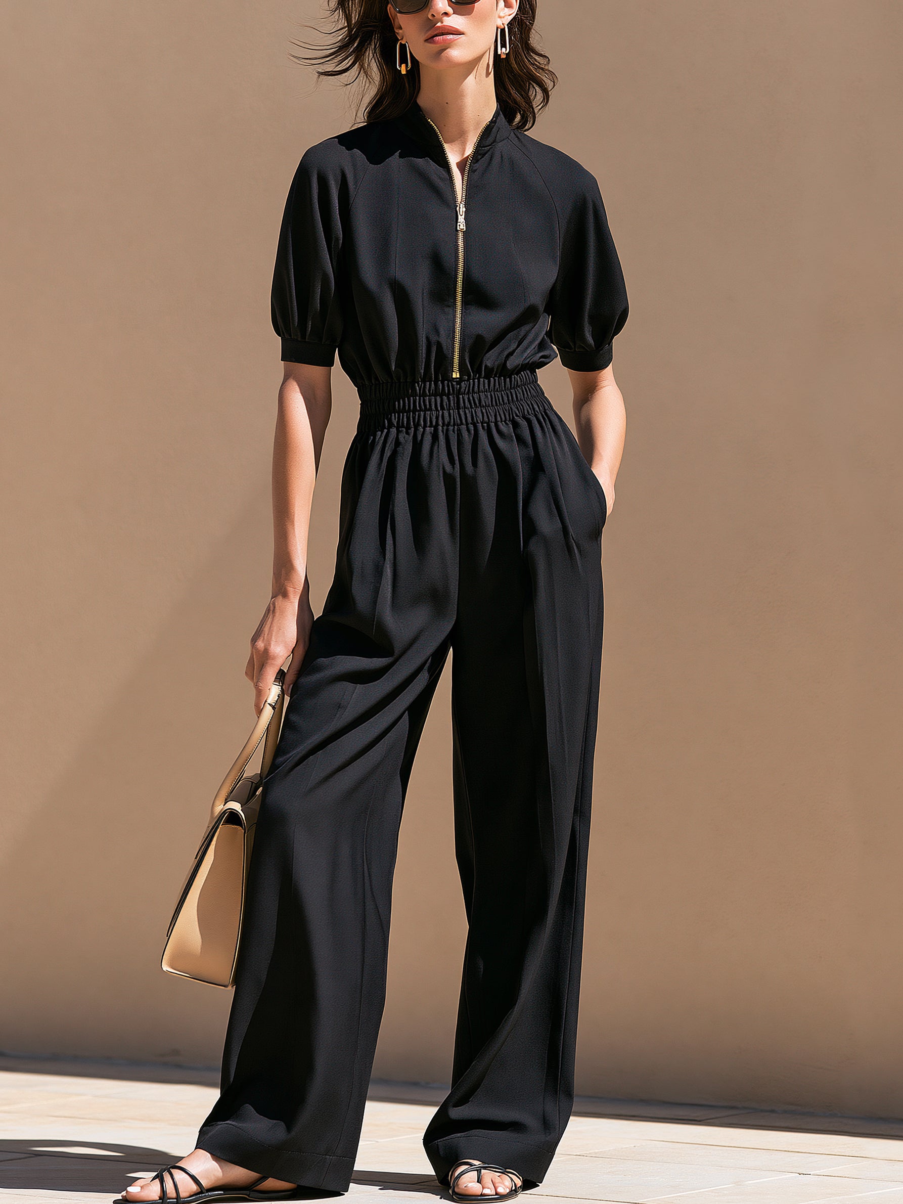 Black Stand Collar Zip Short Sleeve Tailored Jumpsuit