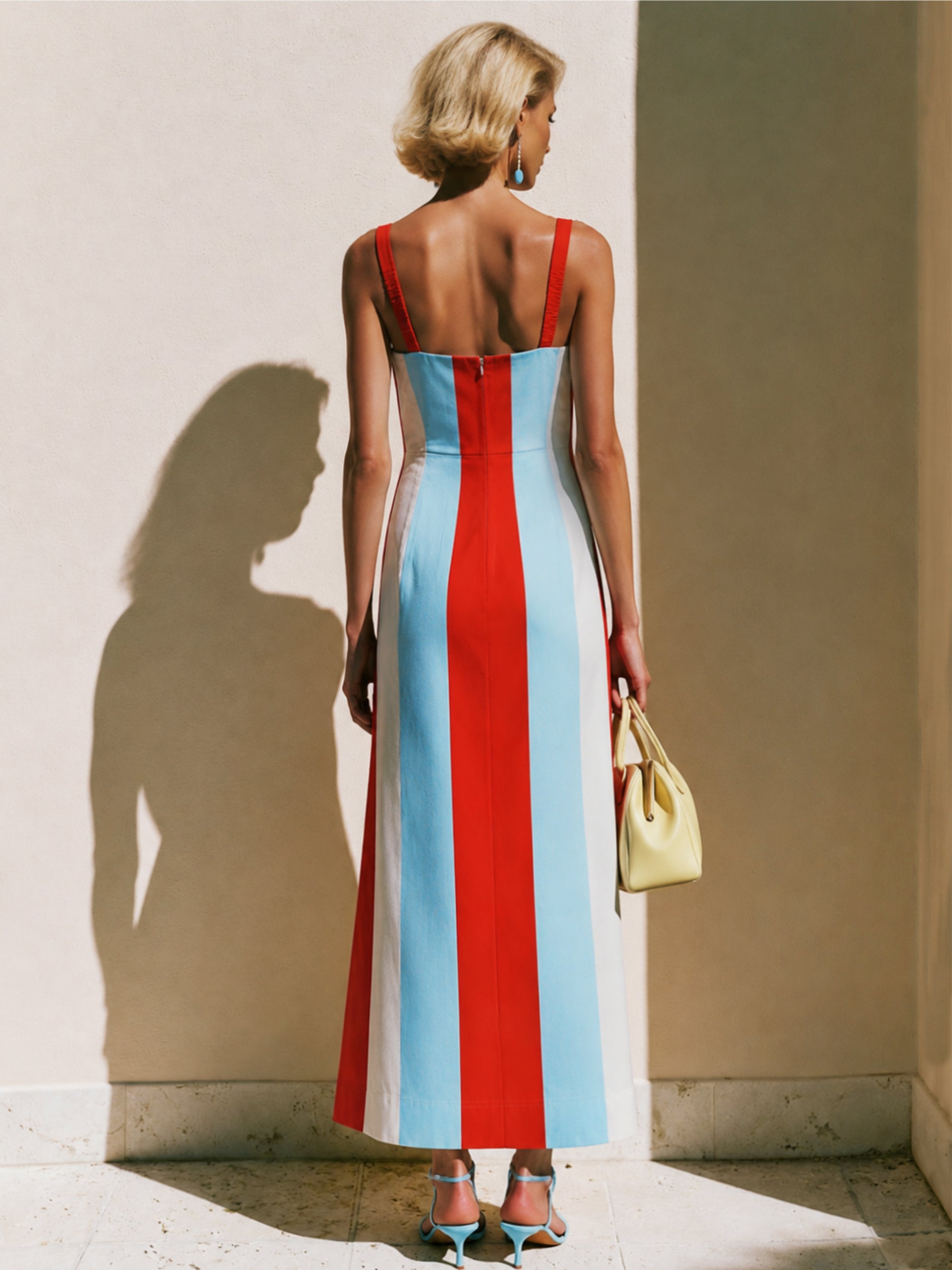 Elegant Red& Light Blue Vertical Stripe Split Midi Dress