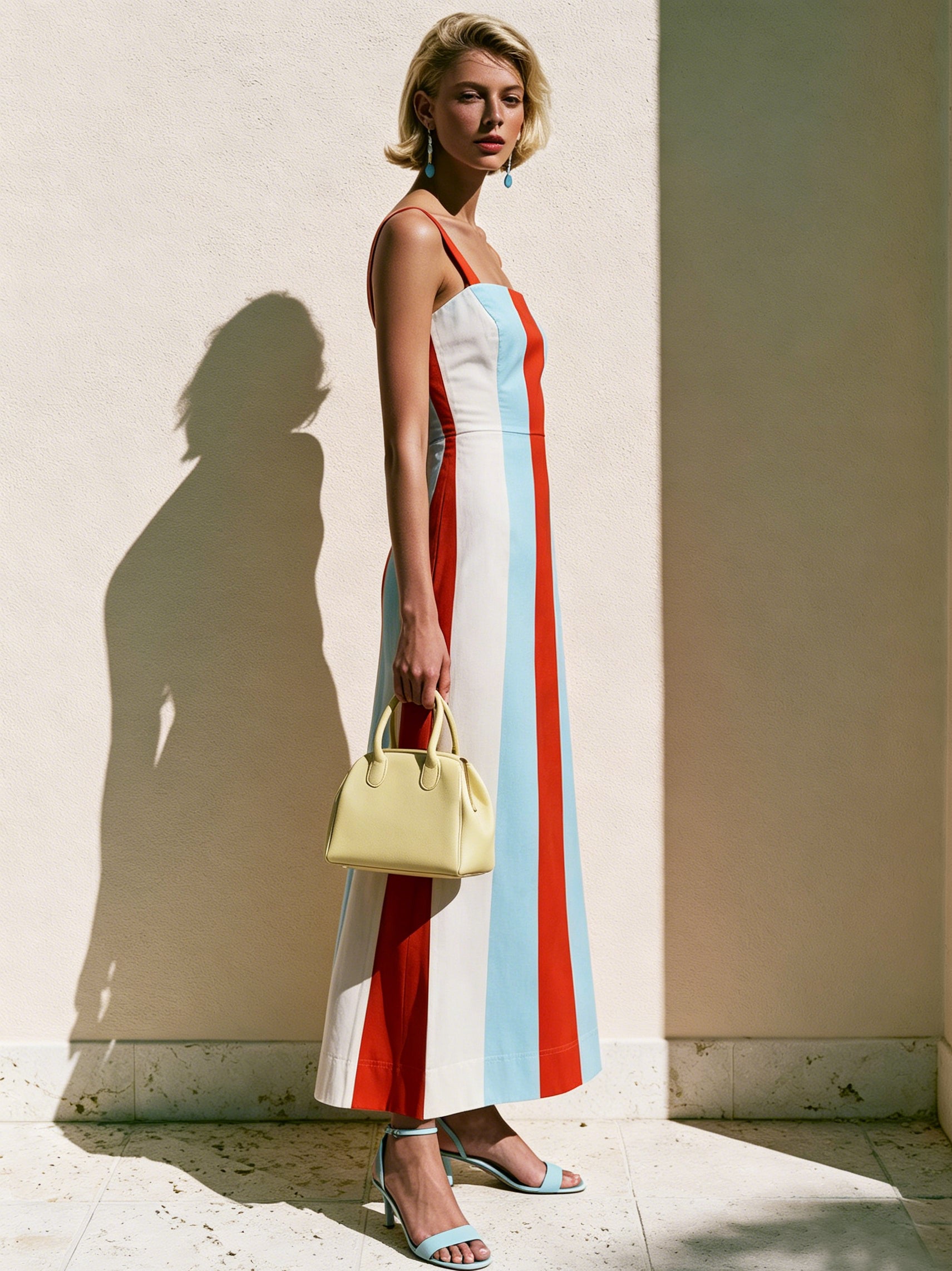 Elegant Red& Light Blue Vertical Stripe Split Midi Dress