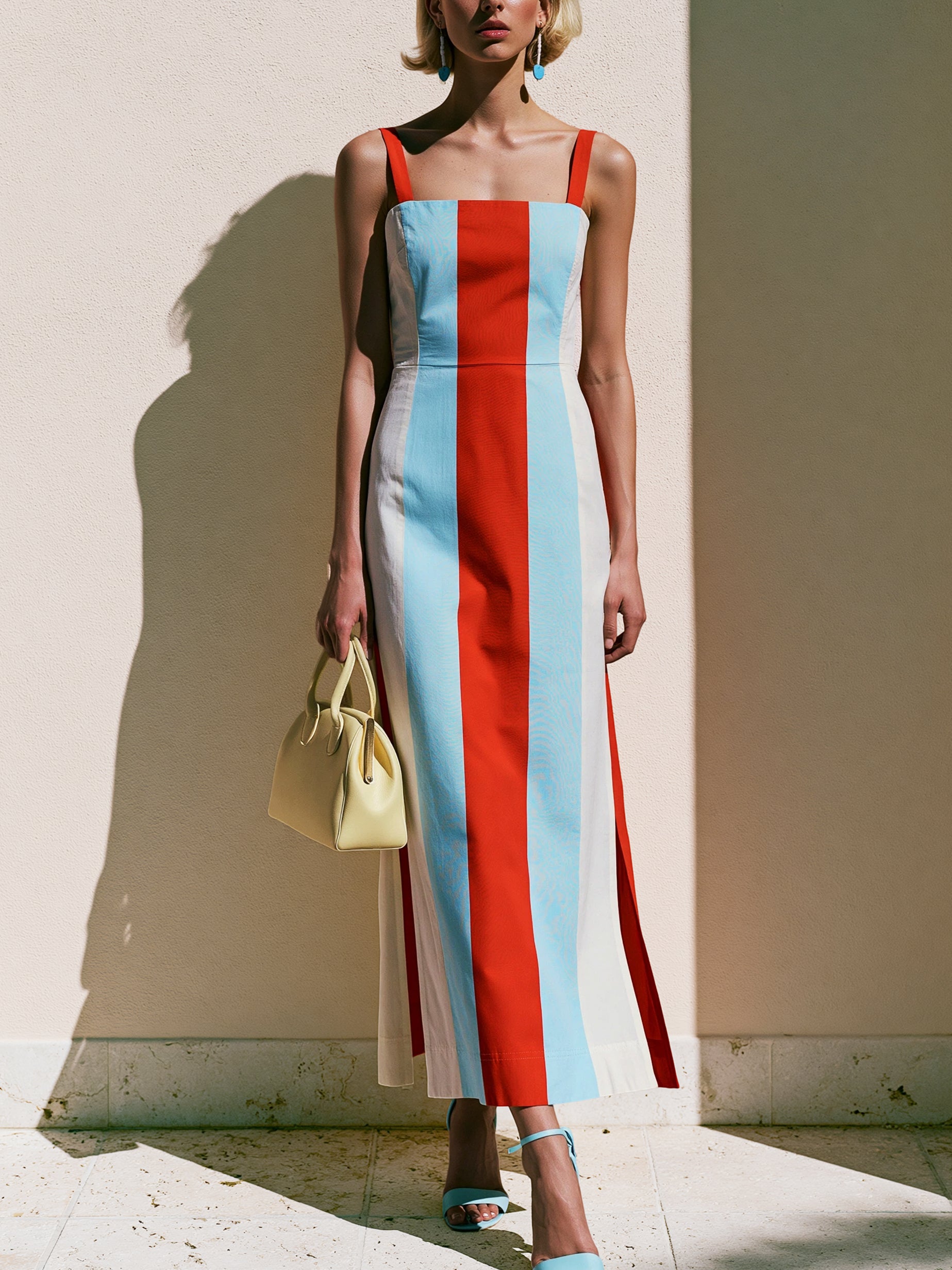 Elegant Red& Light Blue Vertical Stripe Split Midi Dress