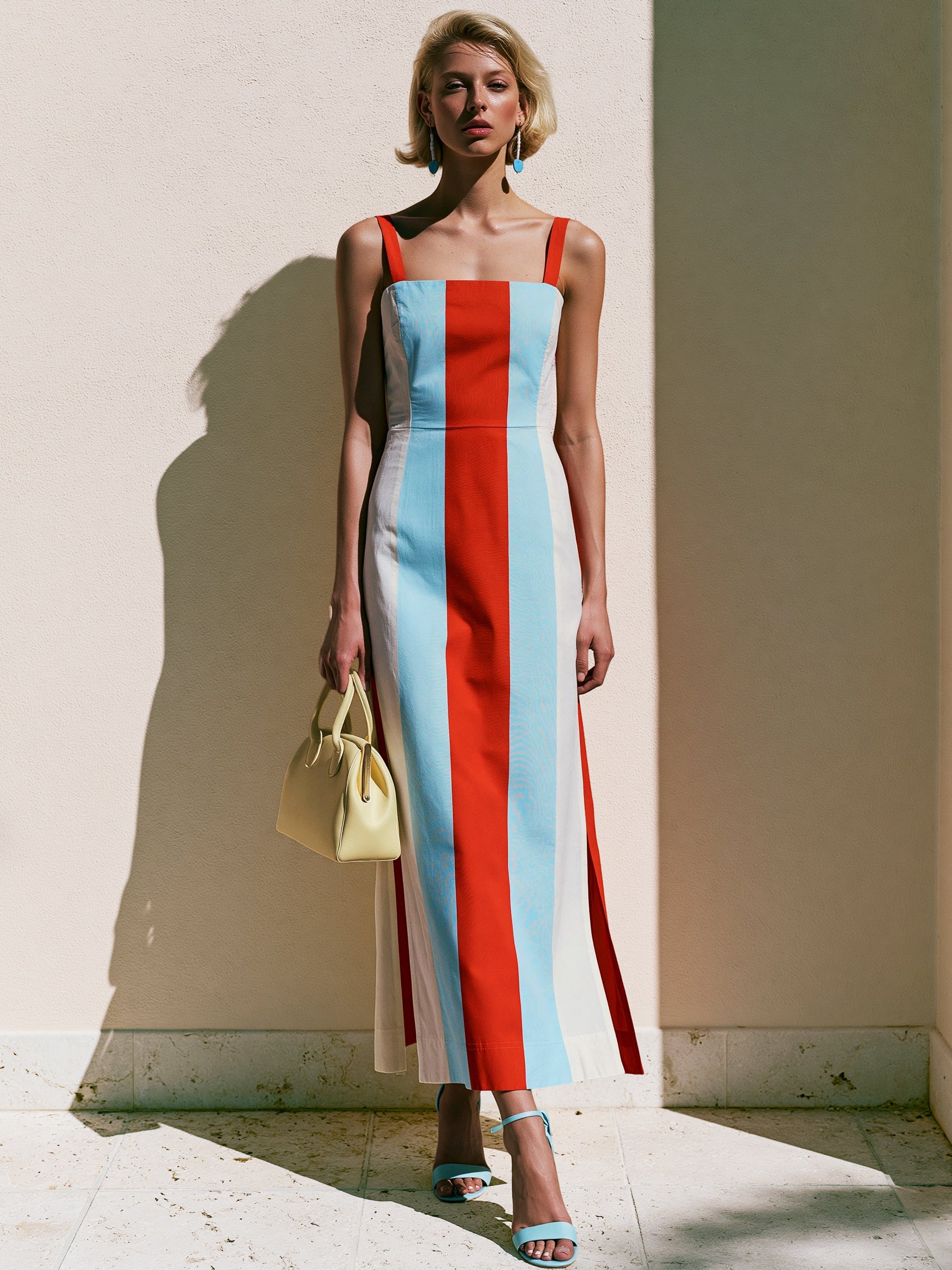 Elegant Red& Light Blue Vertical Stripe Split Midi Dress