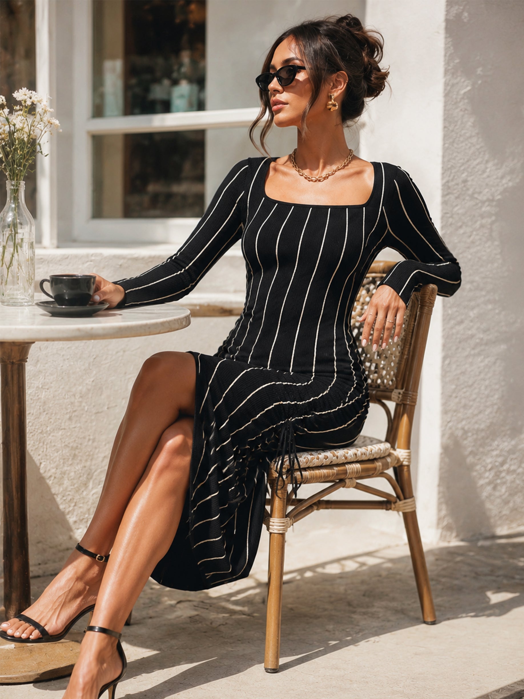 Black Elegant High-Stretch Striped Knit Midi Dress