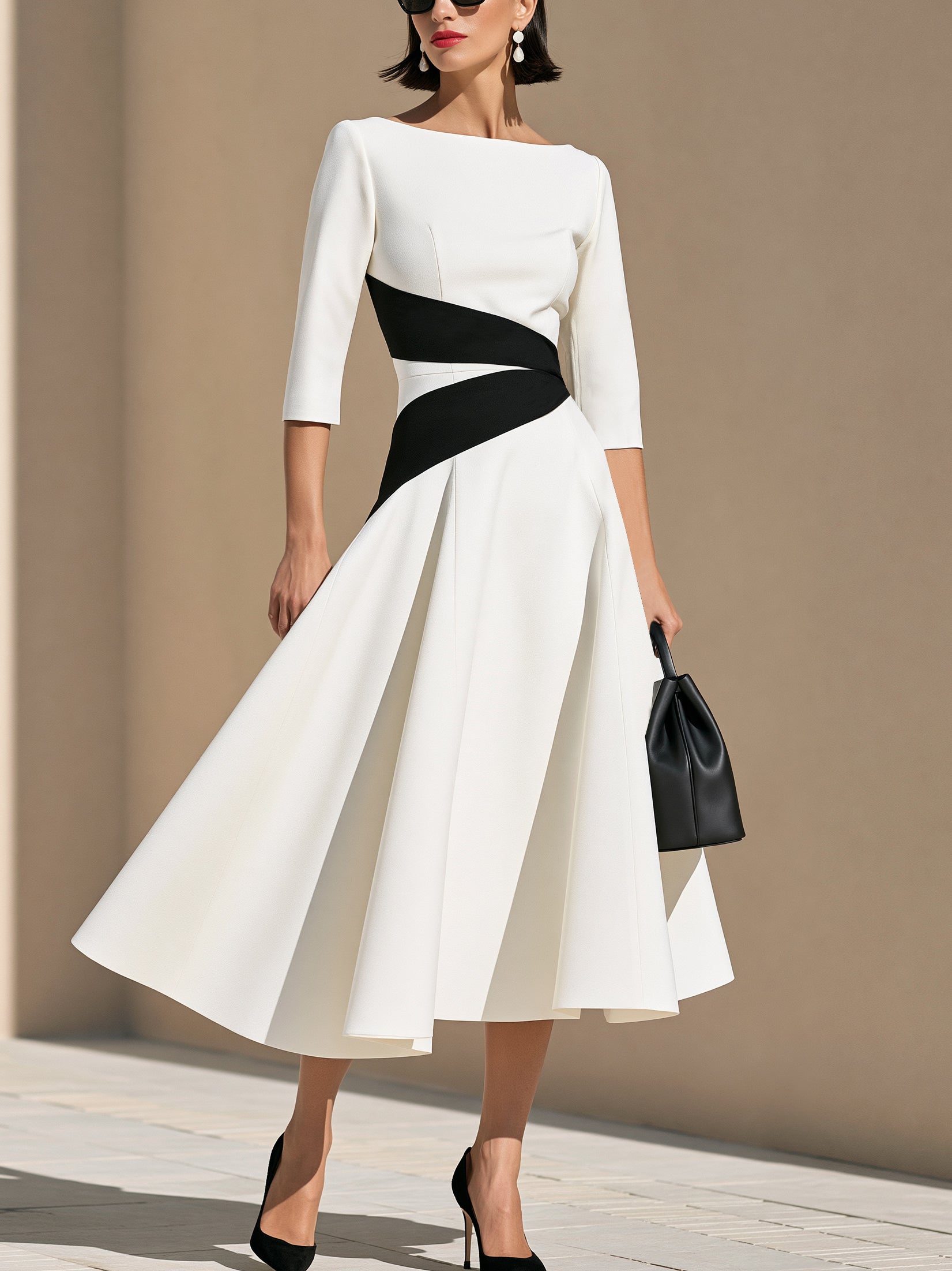 Elegant Contrast Boat Neck Elbow-Length Sleeves Midi Dress