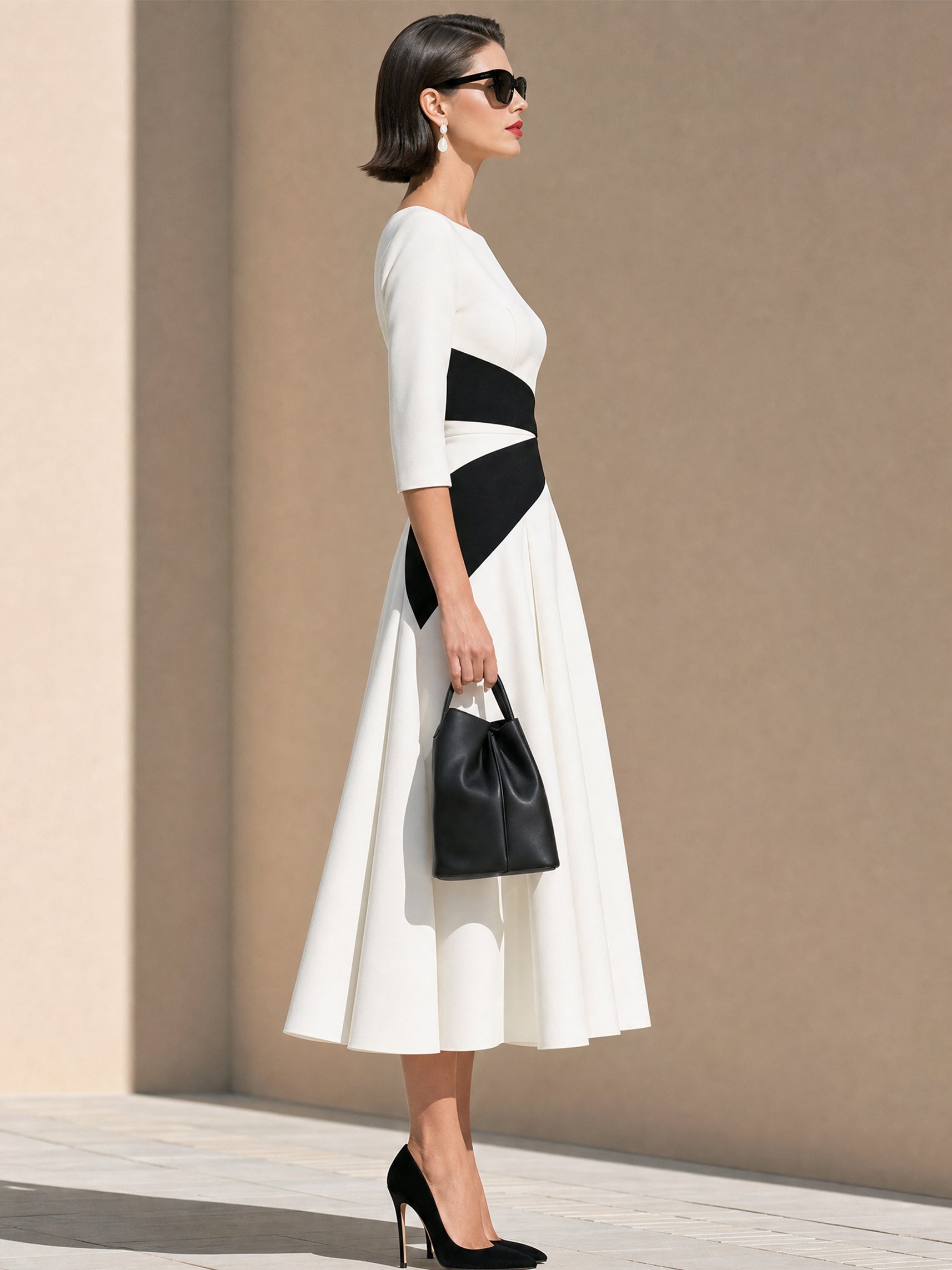 Elegant Contrast Boat Neck Elbow-Length Sleeves Midi Dress