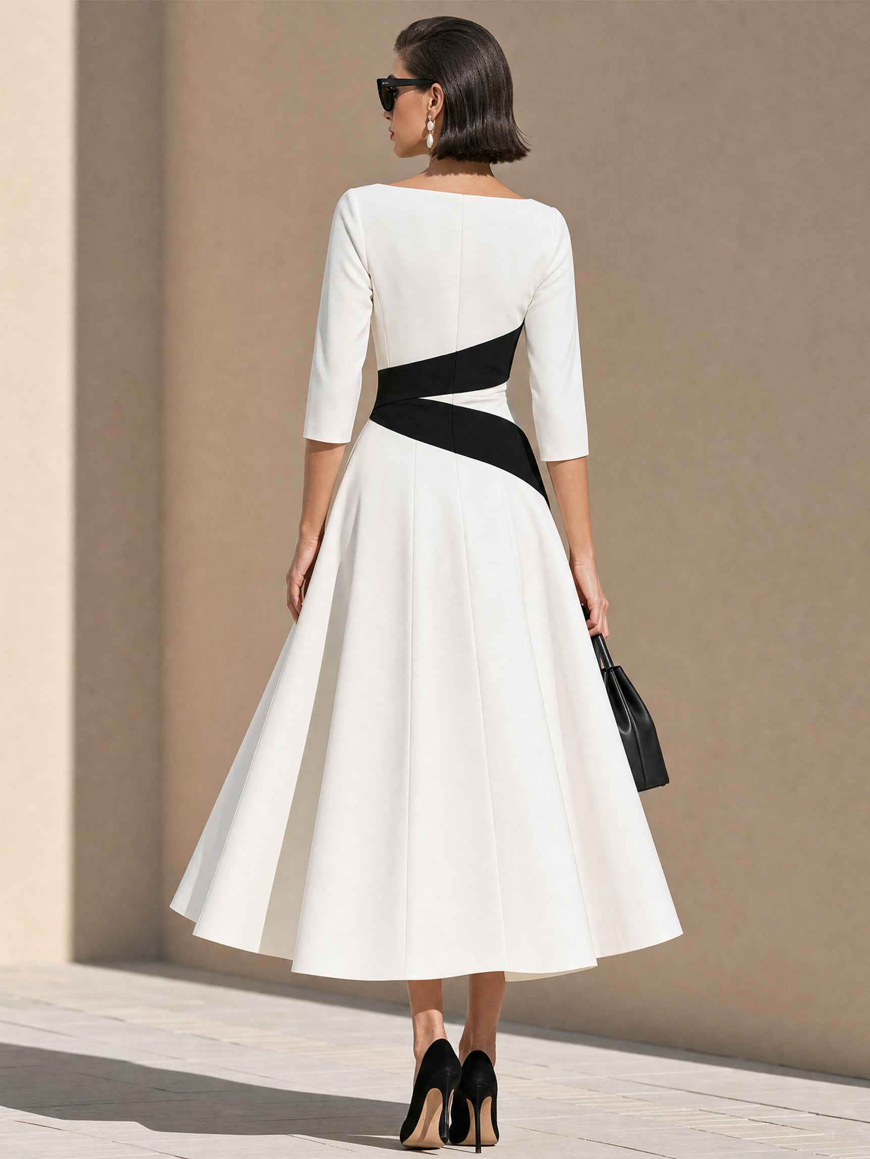 Elegant Contrast Boat Neck Elbow-Length Sleeves Midi Dress