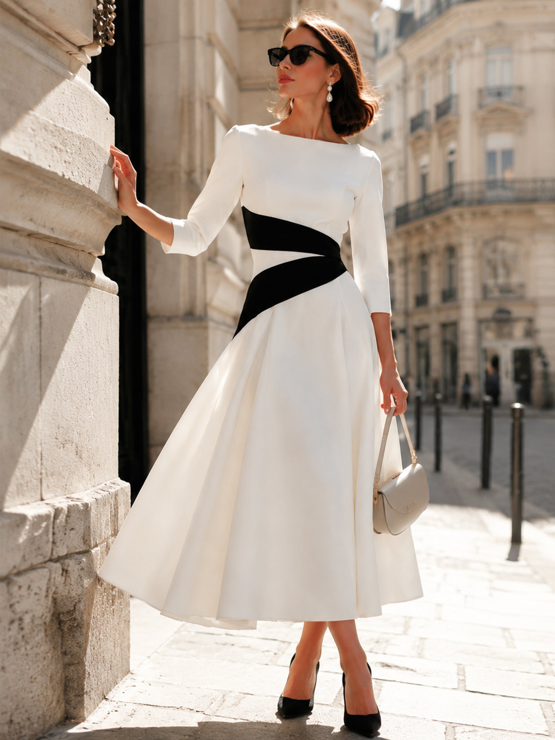 Elegant Contrast Boat Neck Elbow-Length Sleeves Midi Dress