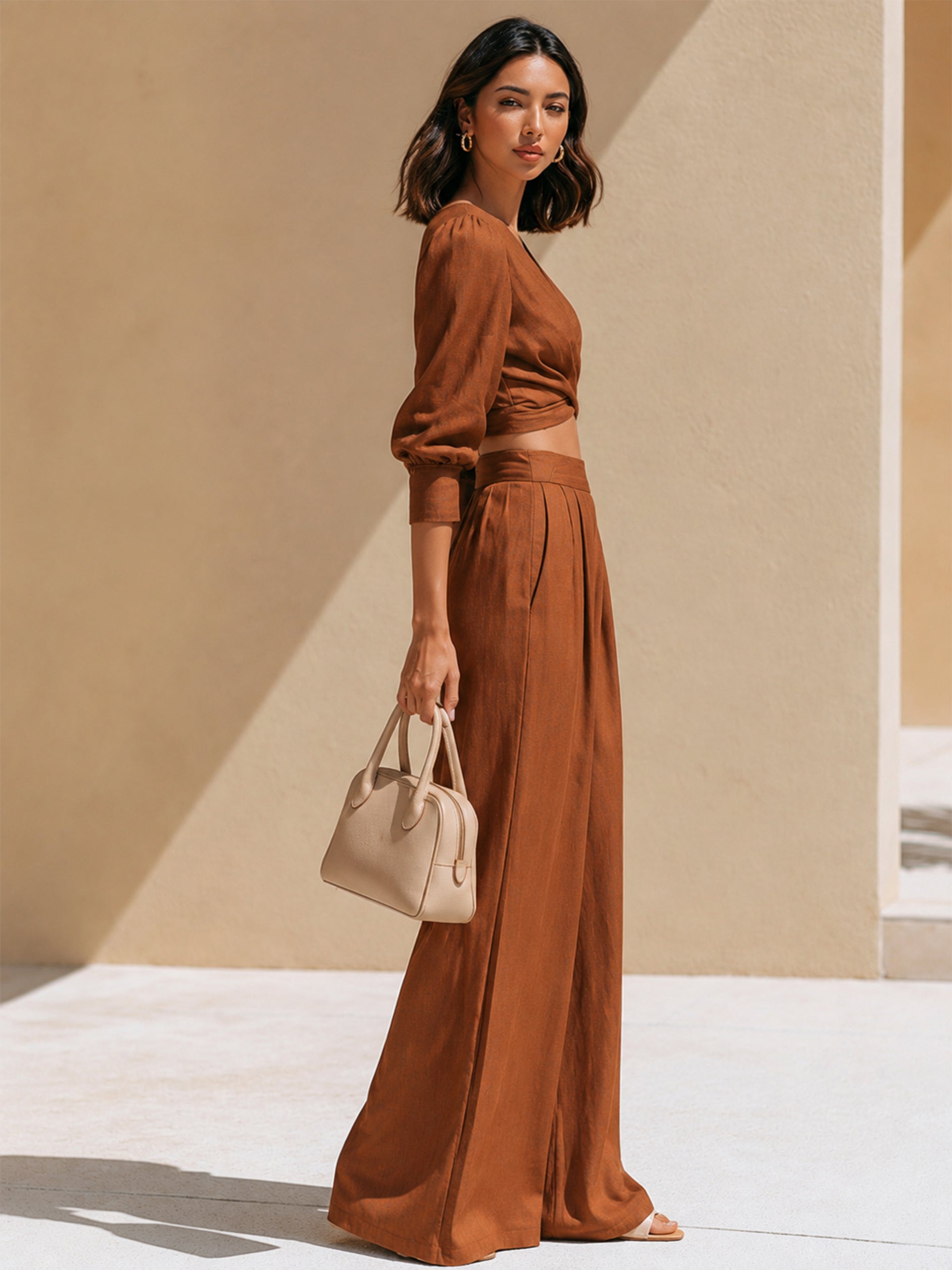 Terracotta Linen V-Neck Puff 3/4 Sleeve Top & High Waist Wide Leg Trousers Set