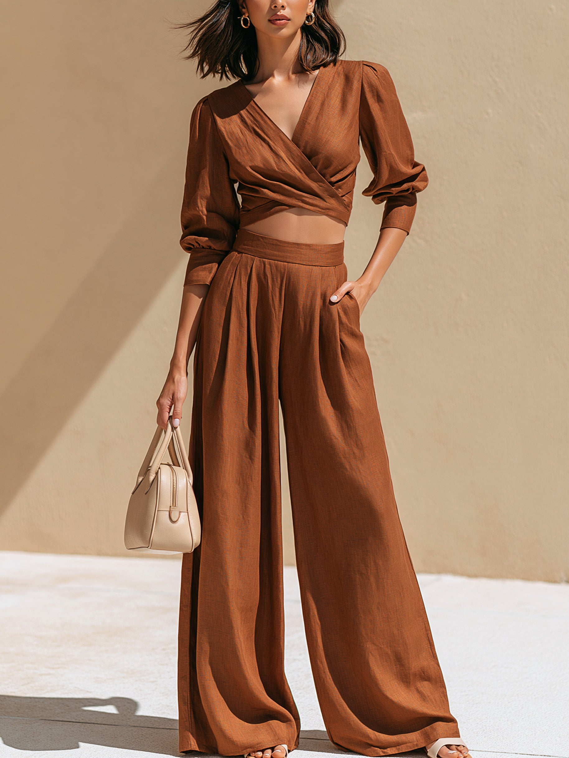 Terracotta Linen V-Neck Puff 3/4 Sleeve Top & High Waist Wide Leg Trousers Set