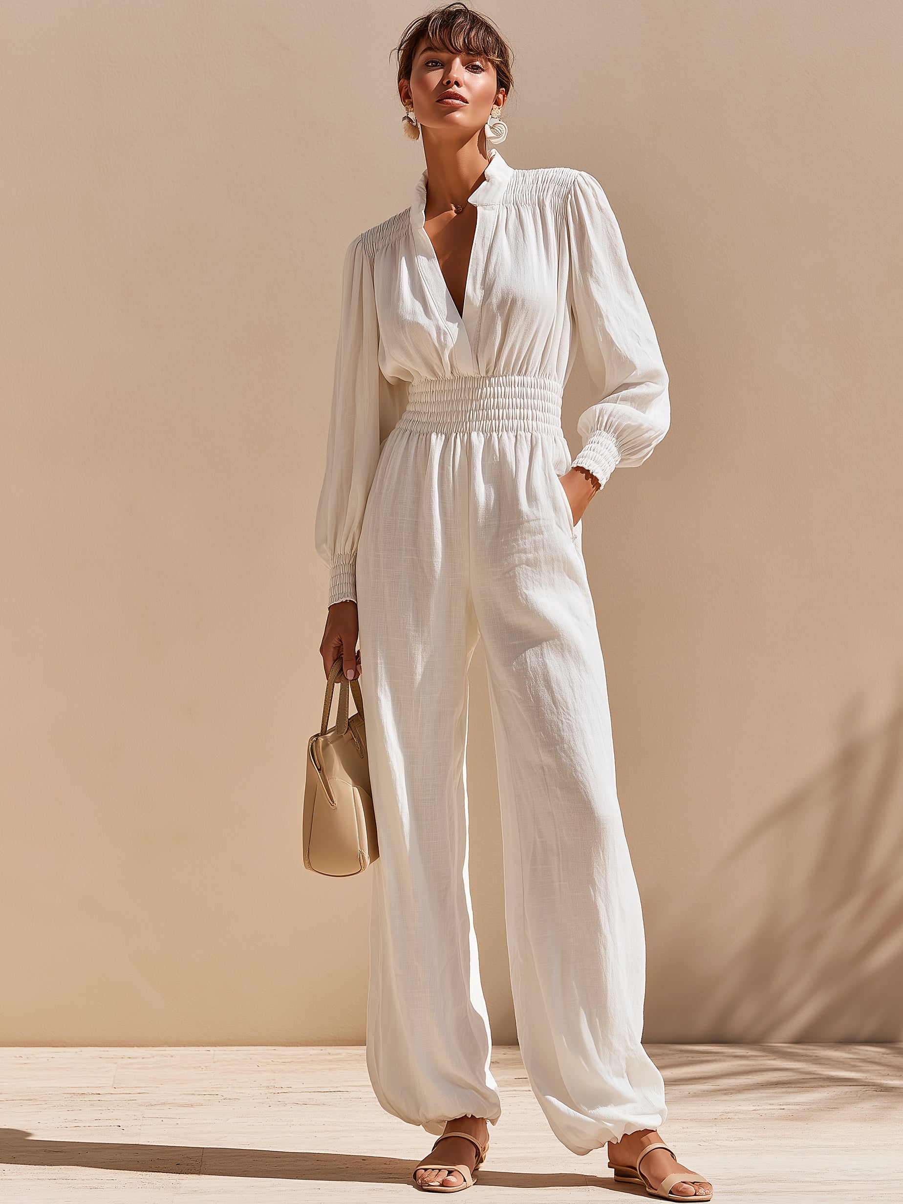 Linen V-Neck Balloon Sleeves & Elastic Waistband Jumpsuit