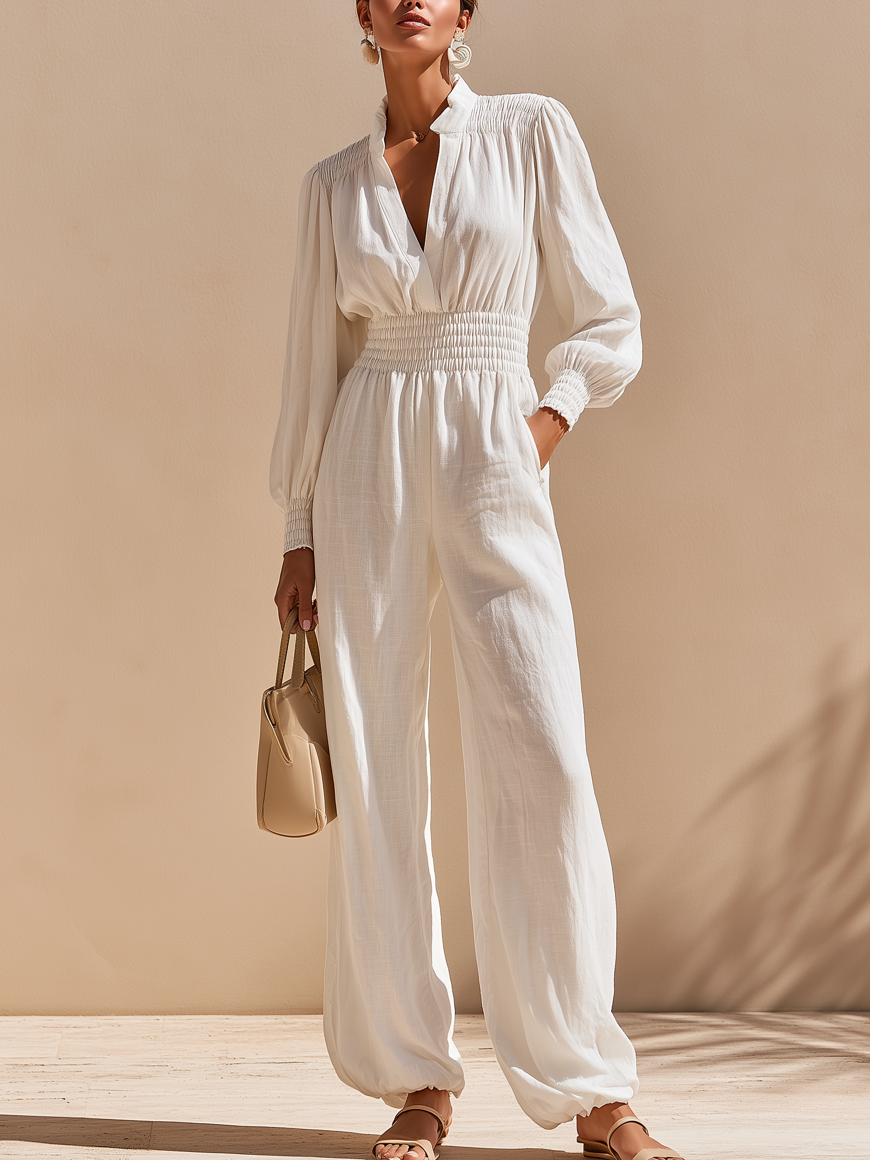 Linen V-Neck Balloon Sleeves & Elastic Waistband Jumpsuit