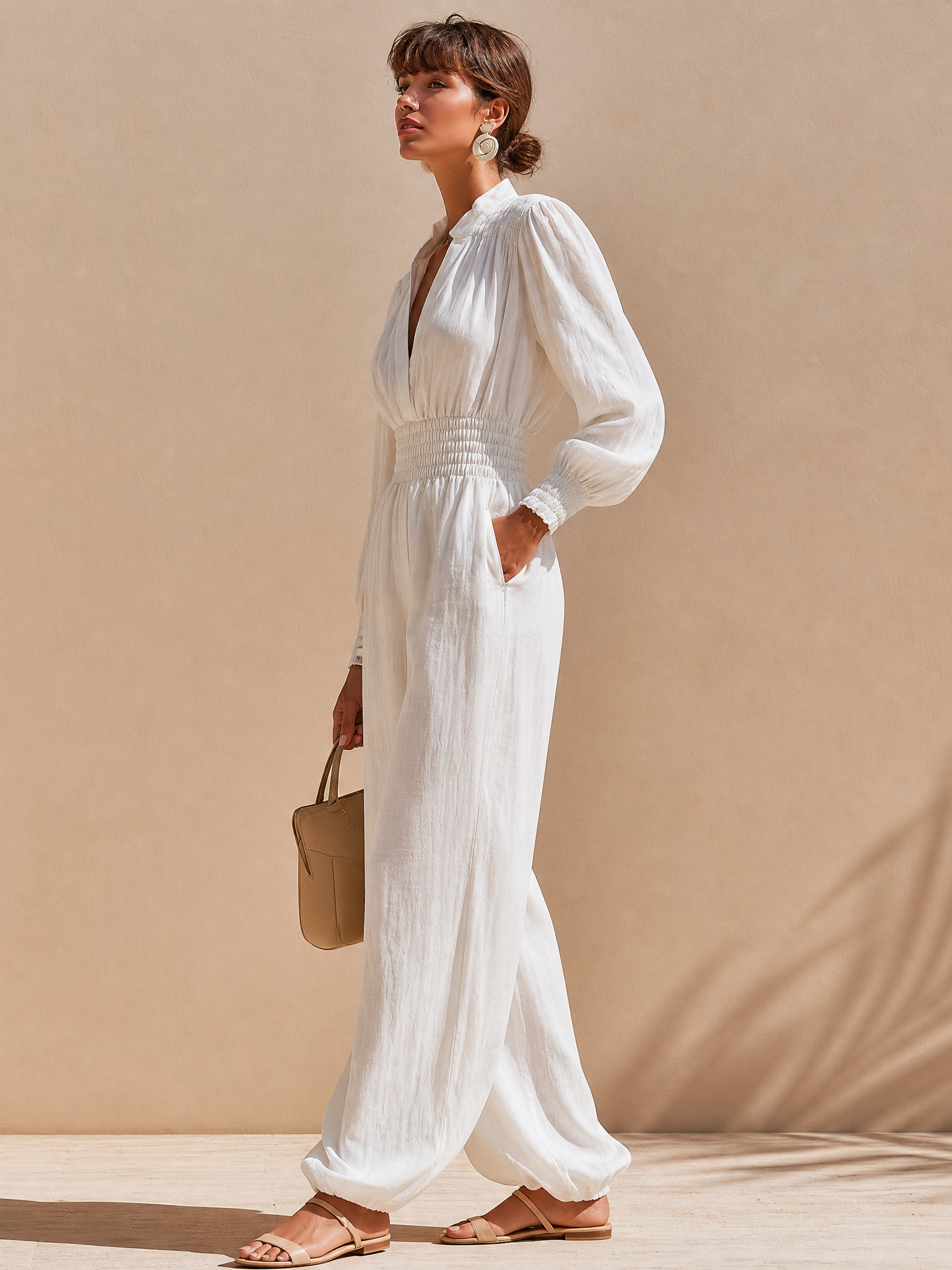 Linen V-Neck Balloon Sleeves & Elastic Waistband Jumpsuit
