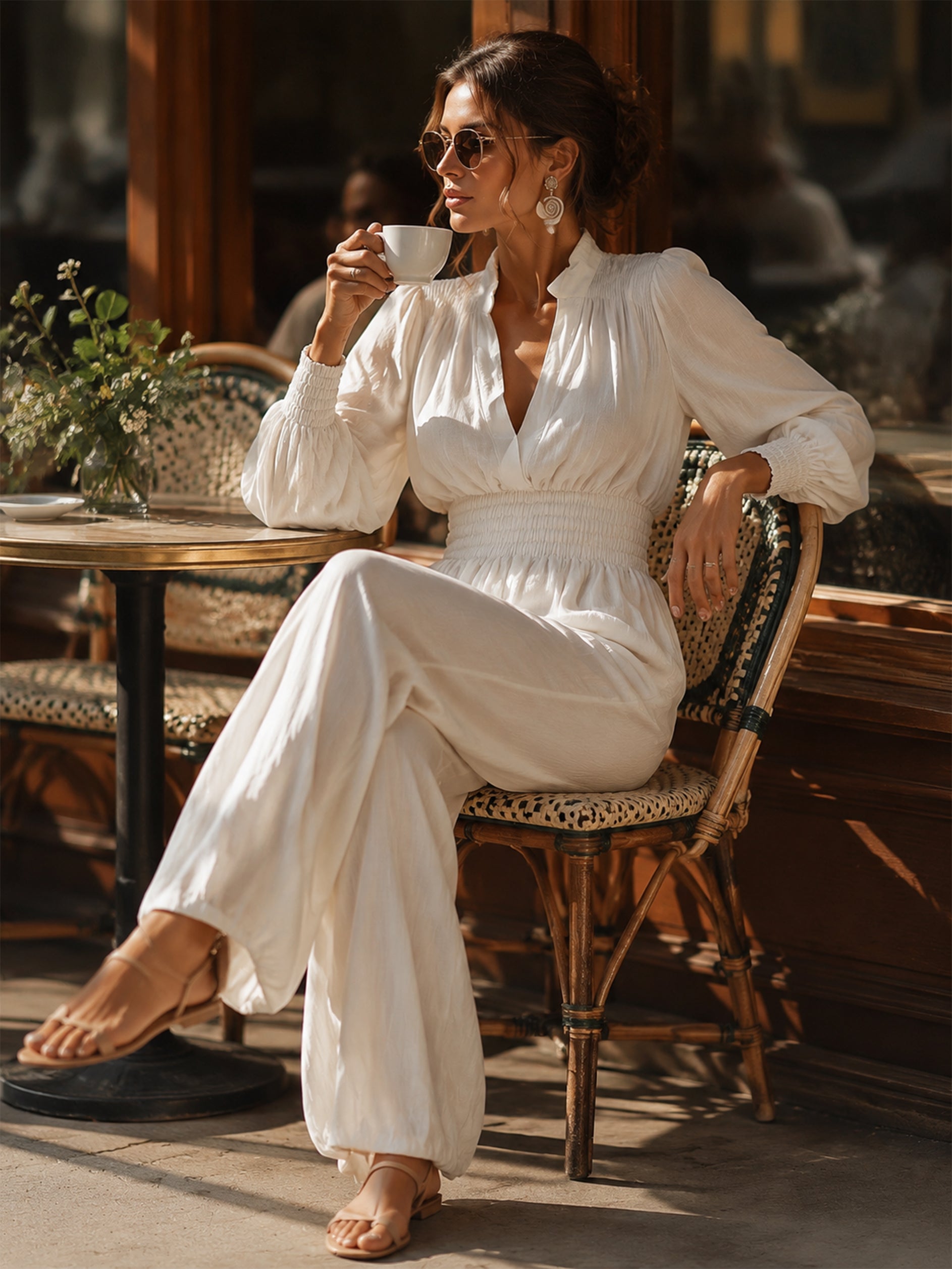 Linen V-Neck Balloon Sleeves & Elastic Waistband Jumpsuit