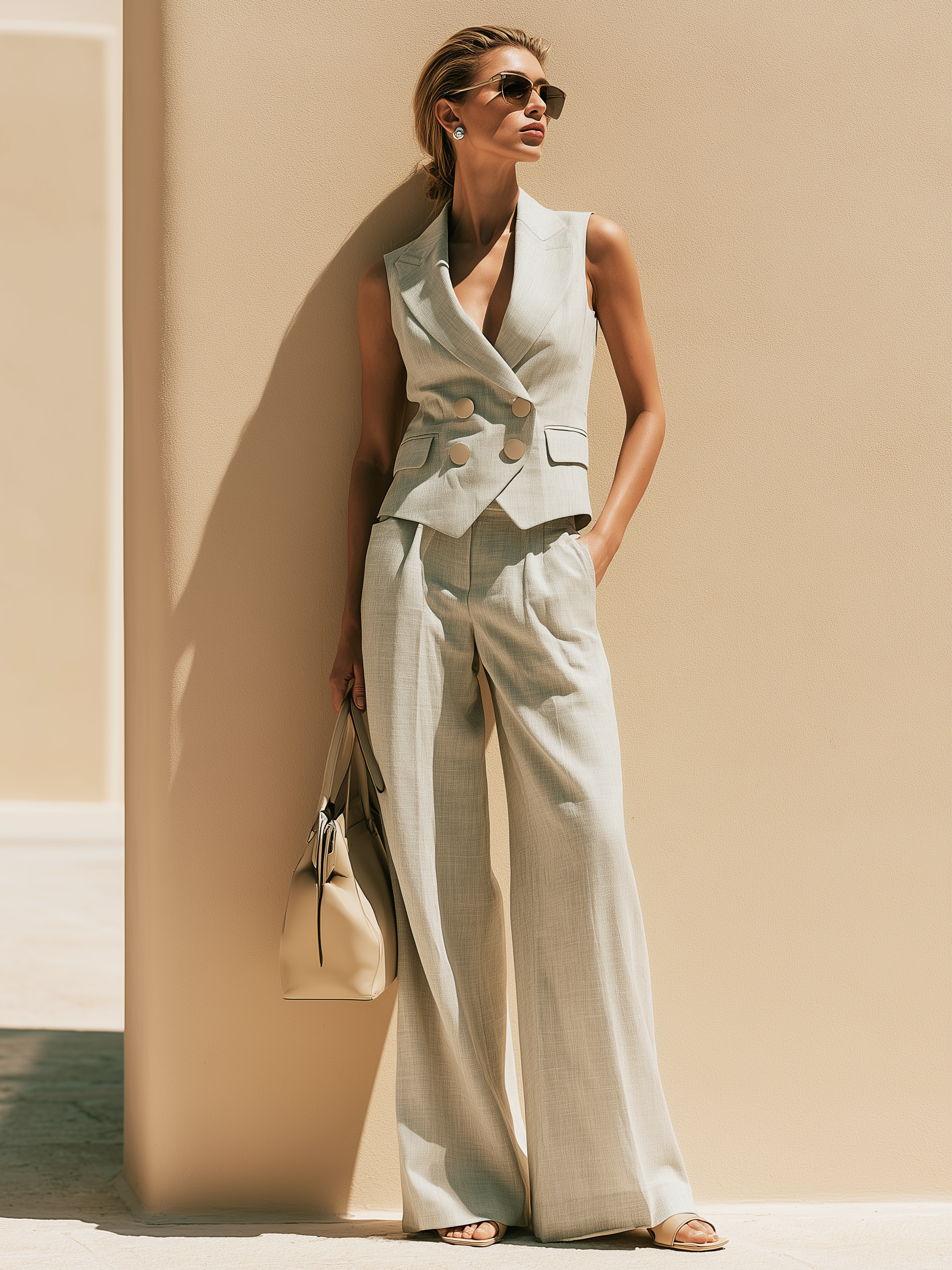 Double Breasted Sleeveless Vest & High Waist Wide Leg Trousers Suit