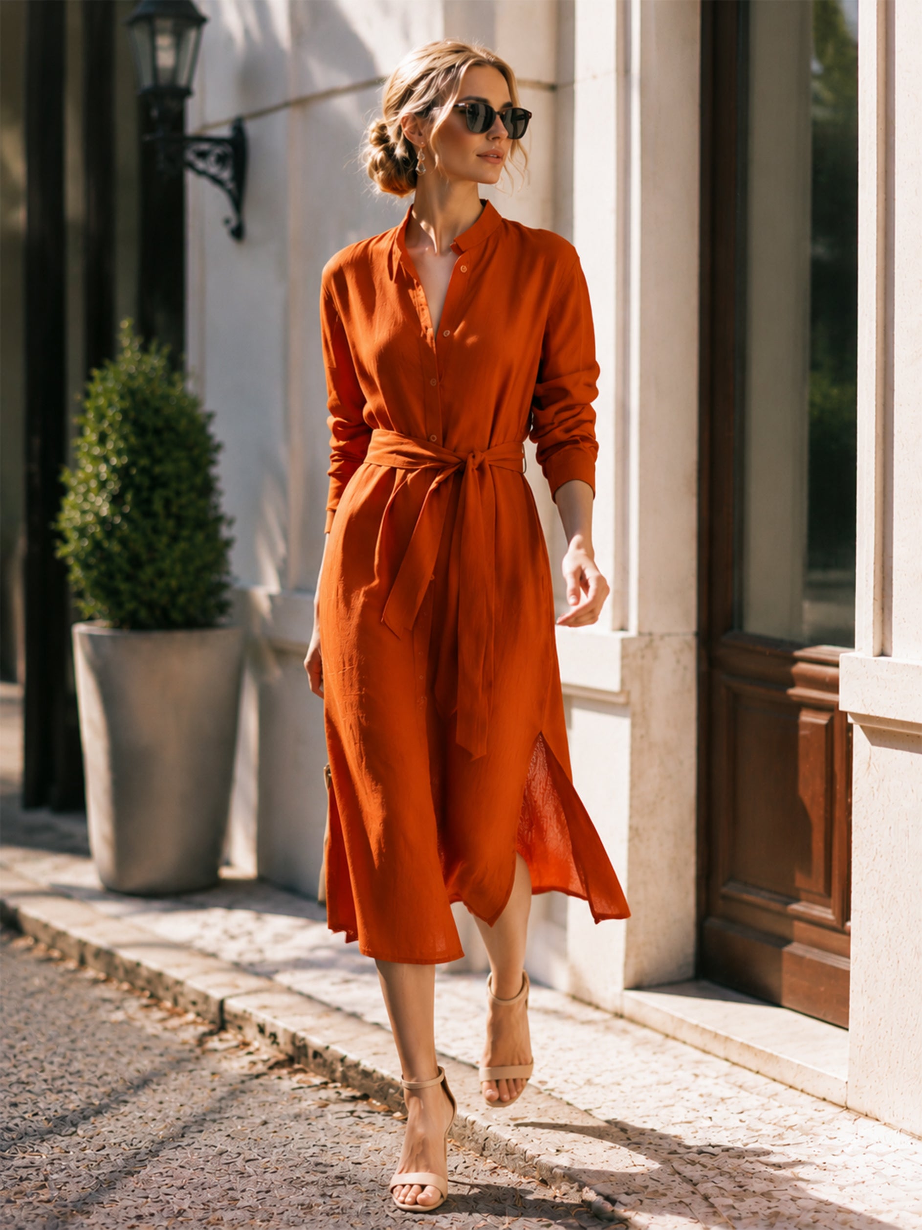 Terracotta Linen Long Sleeve Shirt Midi Dress