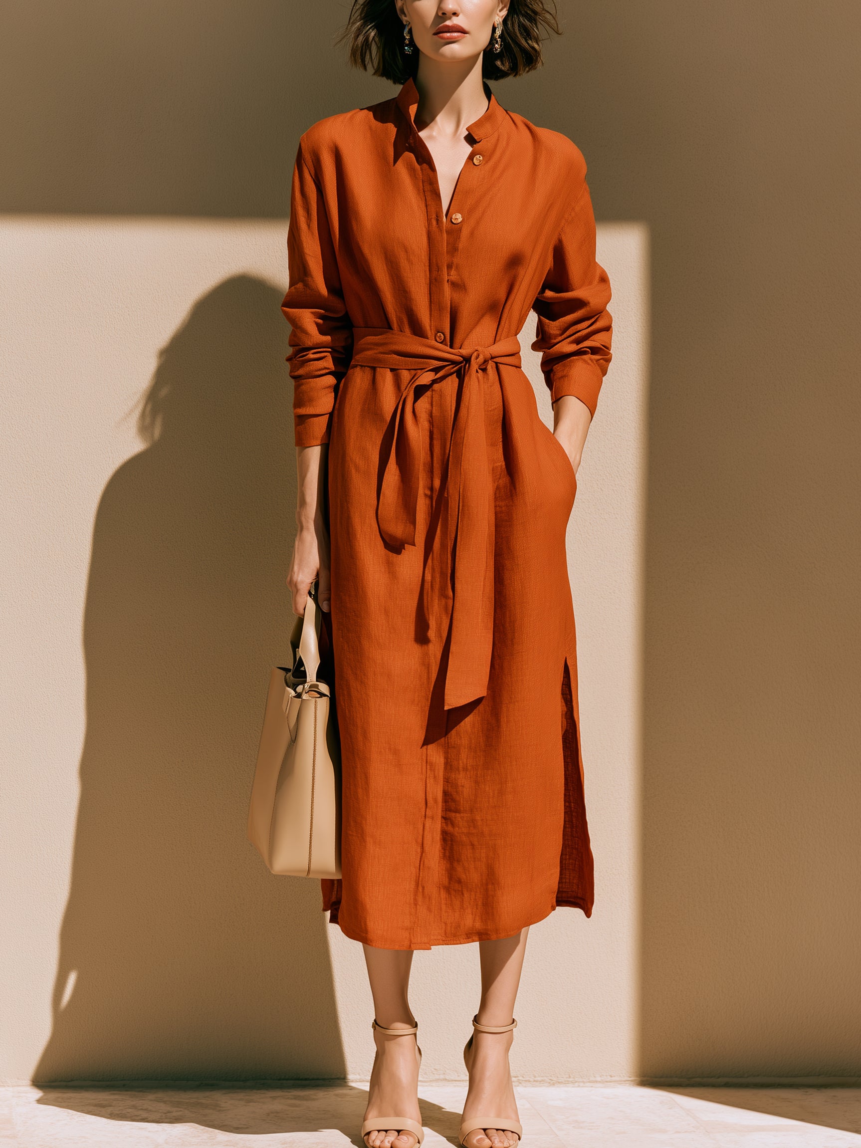 Terracotta Linen Long Sleeve Shirt Midi Dress