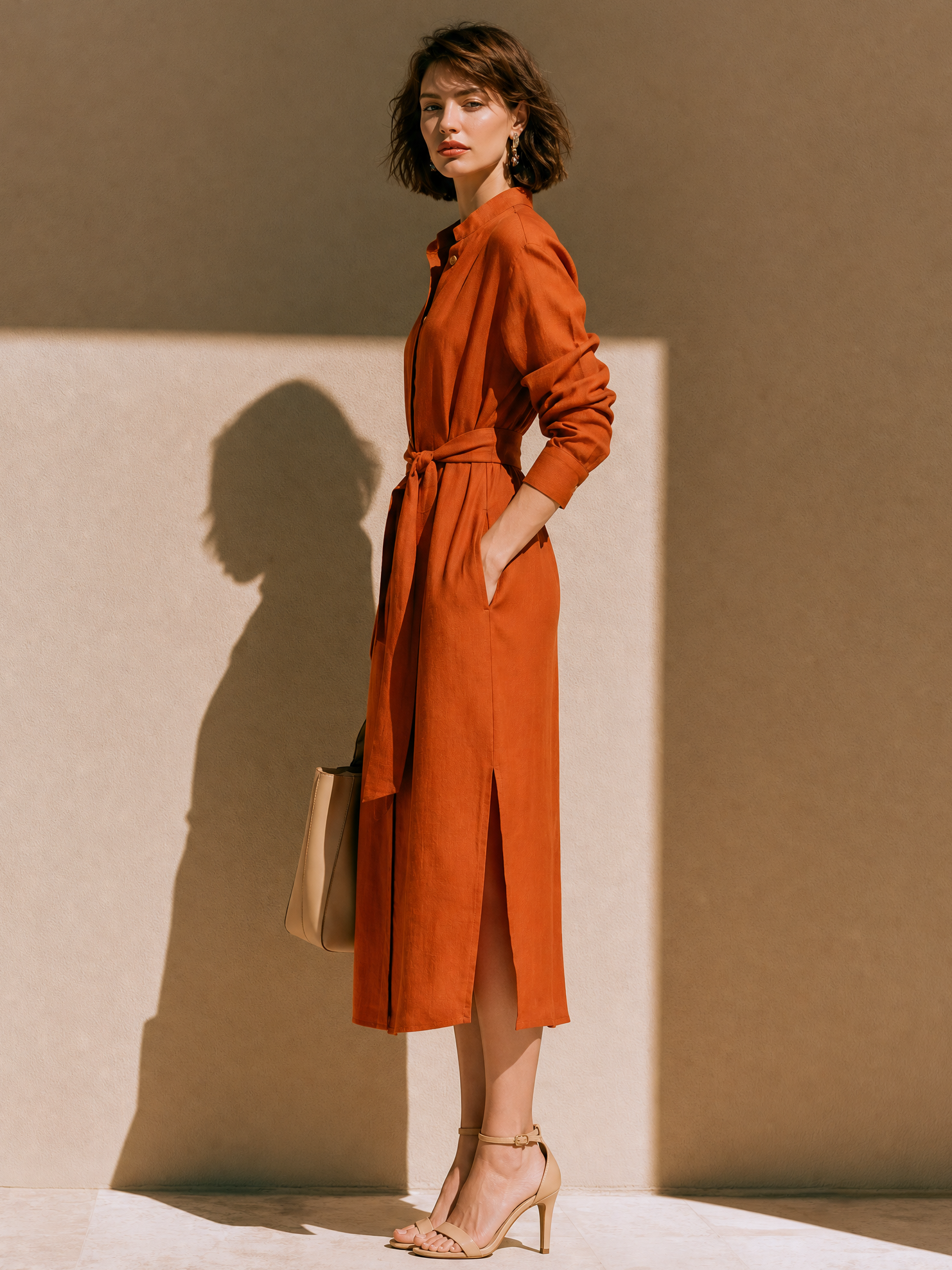 Terracotta Linen Long Sleeve Shirt Midi Dress