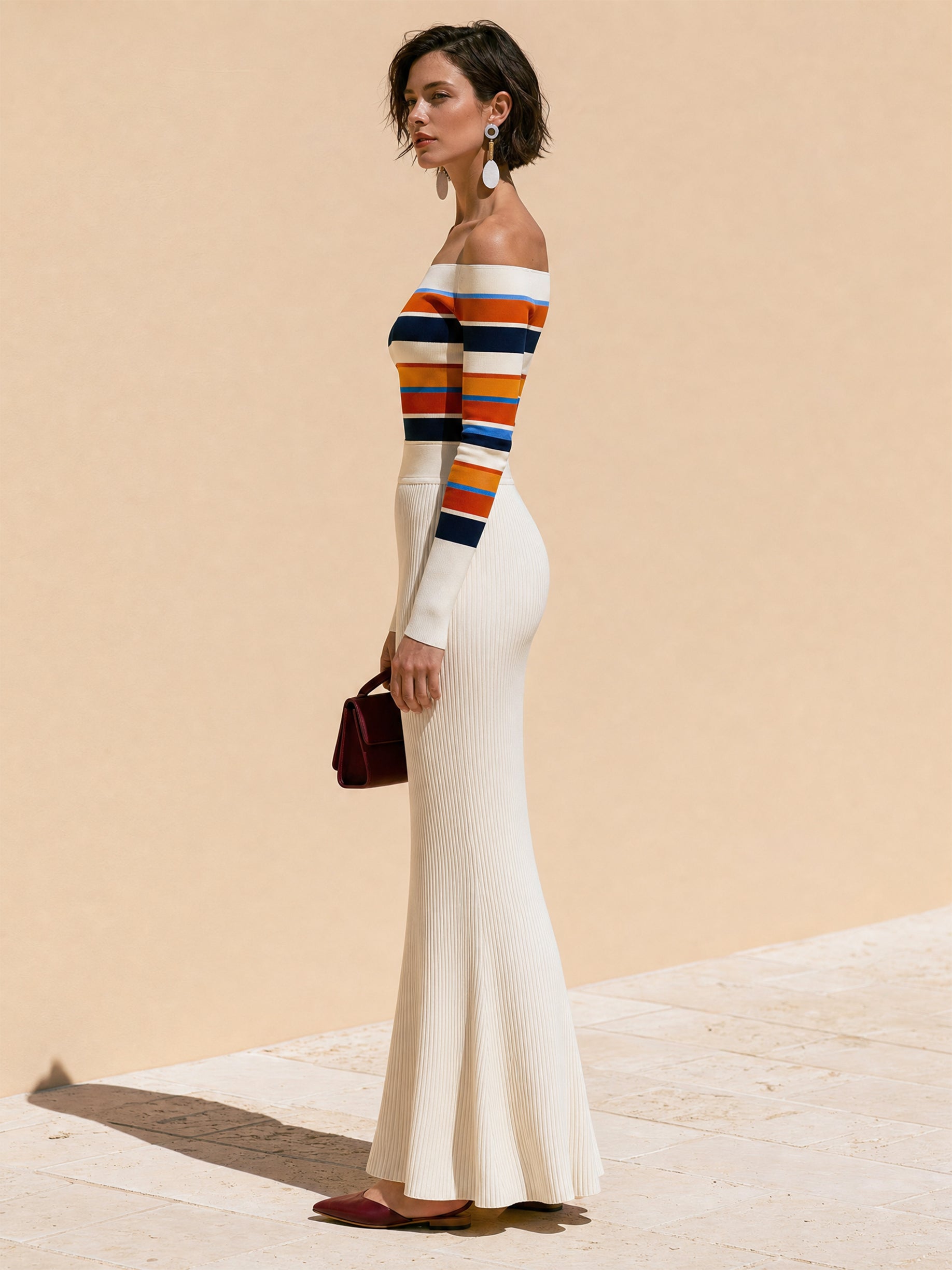 Retro Stripe Off-Shoulder Long Sleeve Top & Ivory Flared Mermaid Maxi Skirt Set
