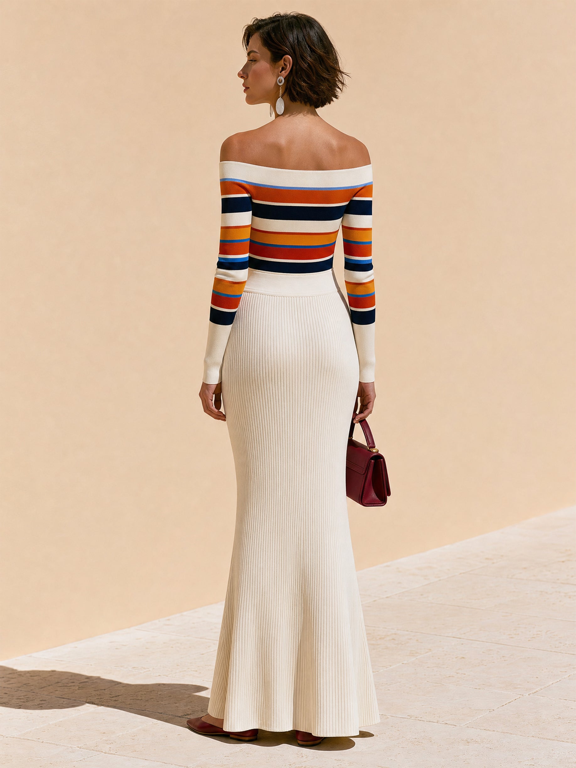 Retro Stripe Off-Shoulder Long Sleeve Top & Ivory Flared Mermaid Maxi Skirt Set