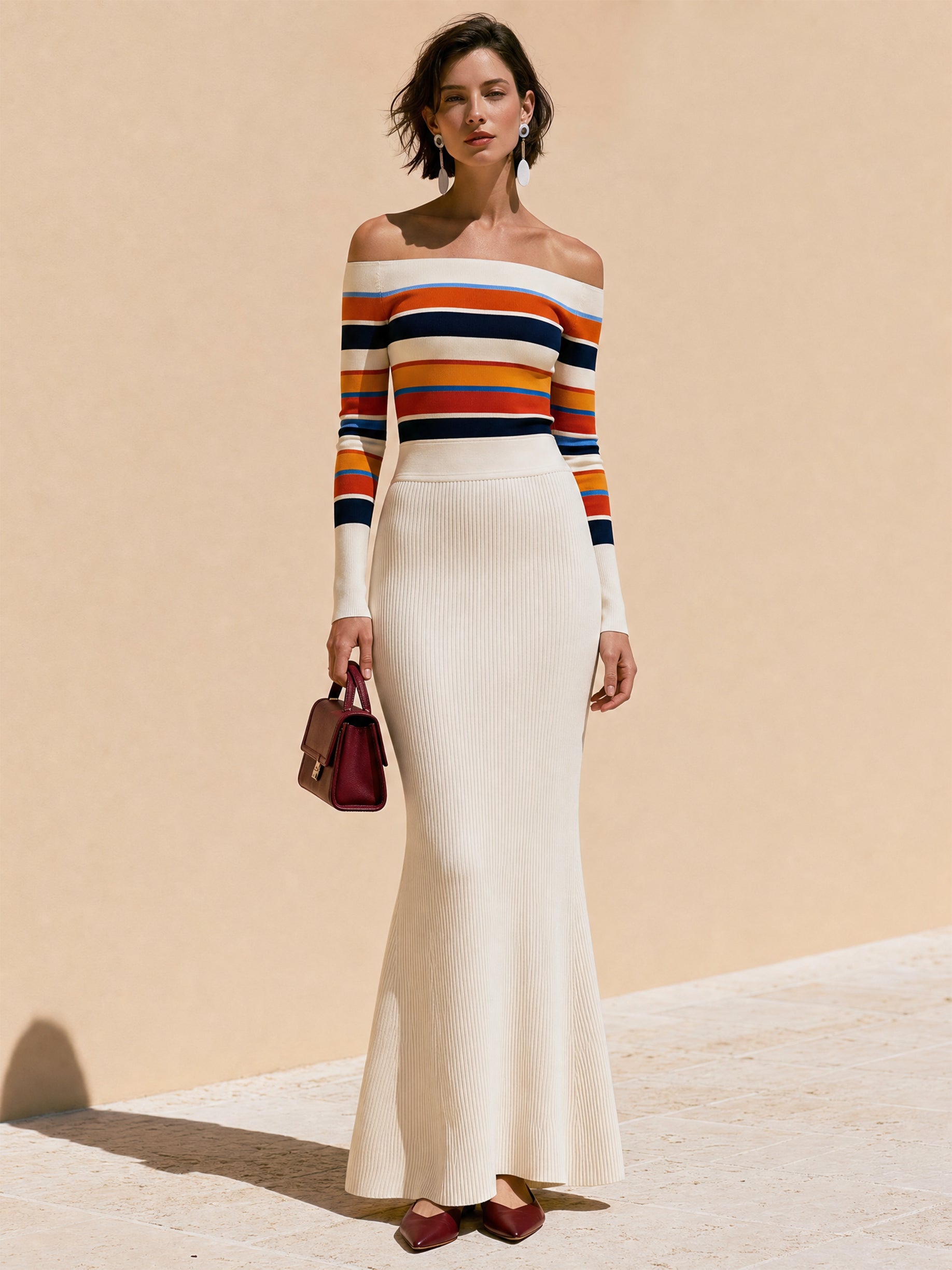 Retro Stripe Off-Shoulder Long Sleeve Top & Ivory Flared Mermaid Maxi Skirt Set