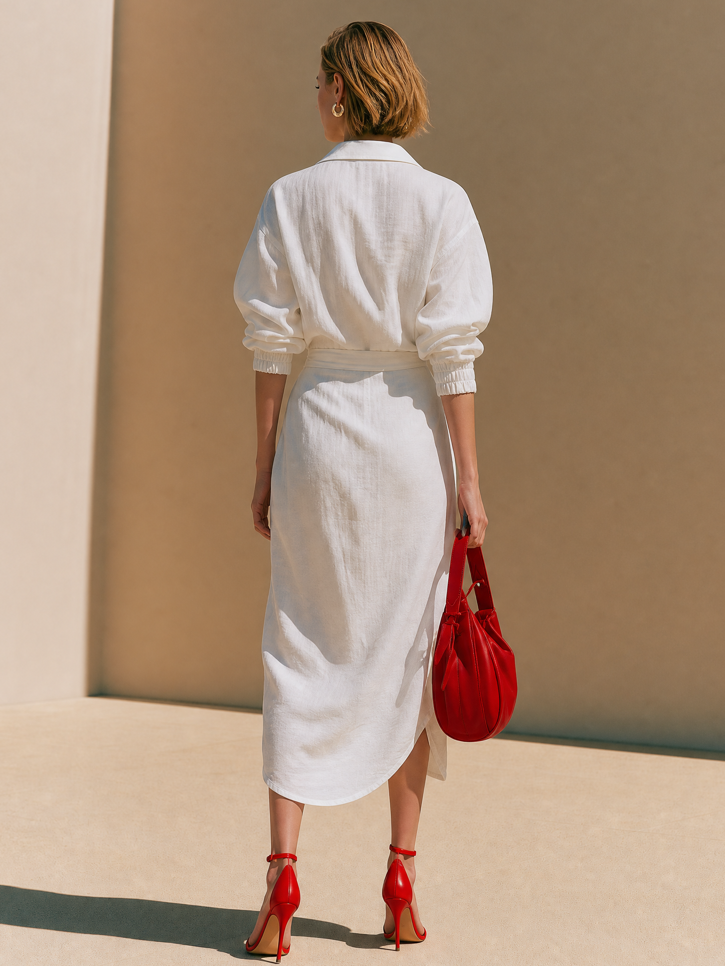 Elegant White Wrap Shirt Midi Dress With Puff Sleeves & Smocked Cuffs