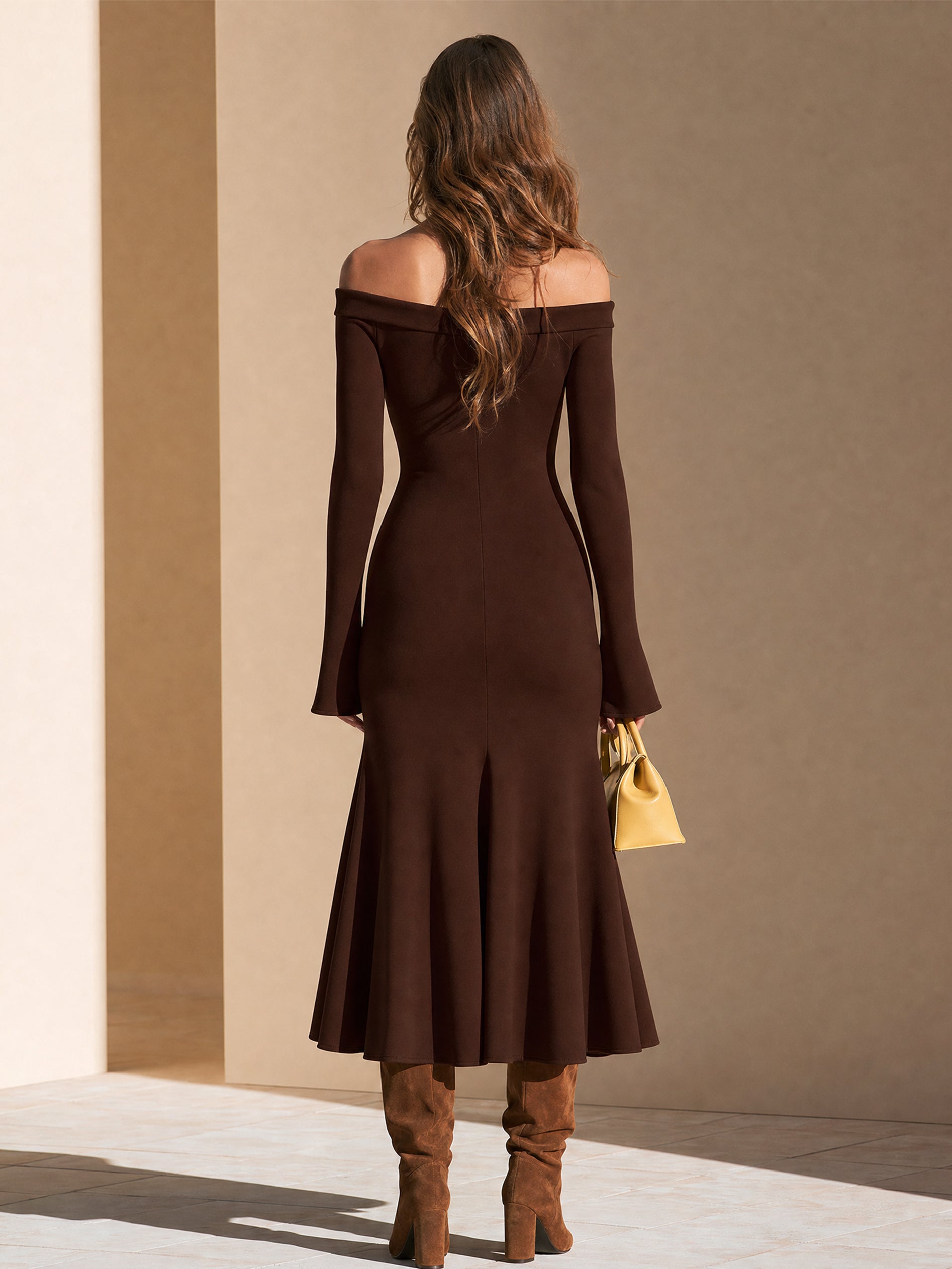 Elegant Chocolate Flared Cuff Sleeves Mermaid Midi Dress