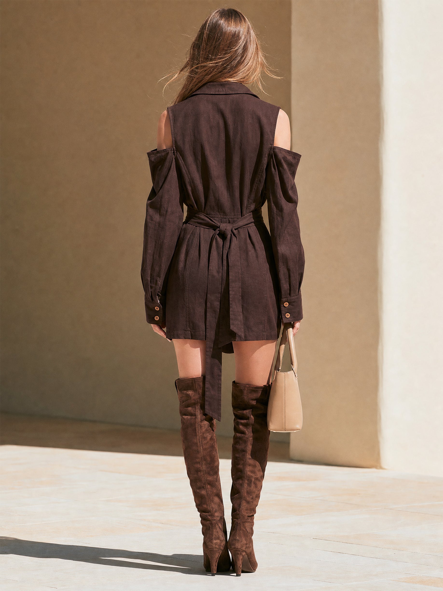 Dark Cocoa Linen Shirt Long Sleeve Side Split Mini Dress