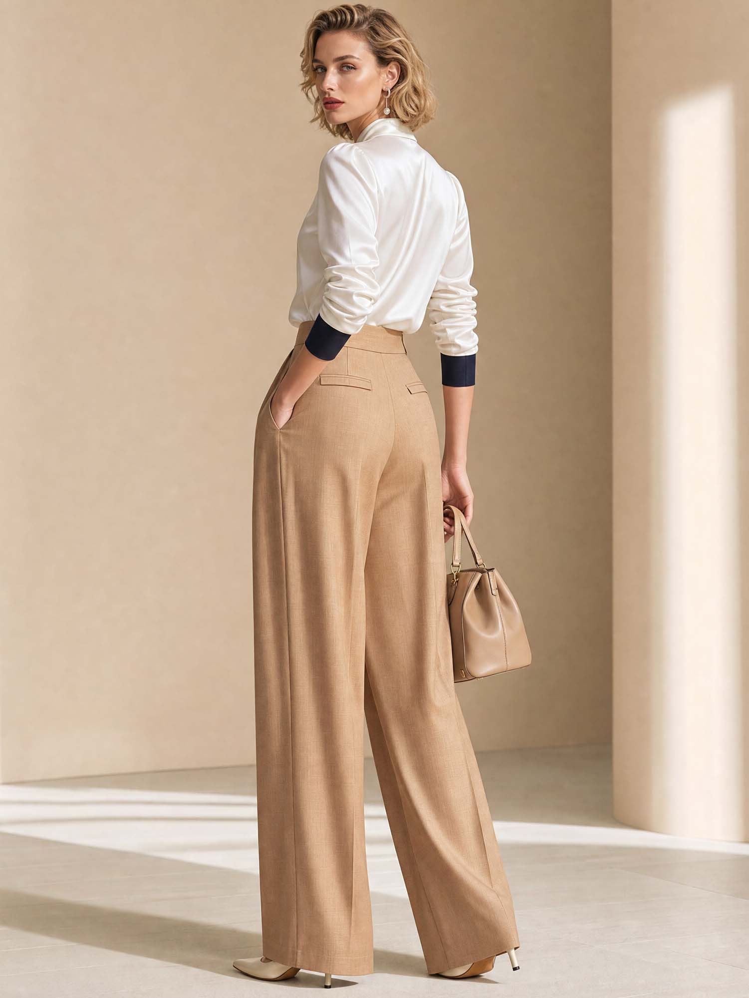 Neck Tie Contrast Cuff Blouse & Camel High Waist Wide Leg Trousers Set