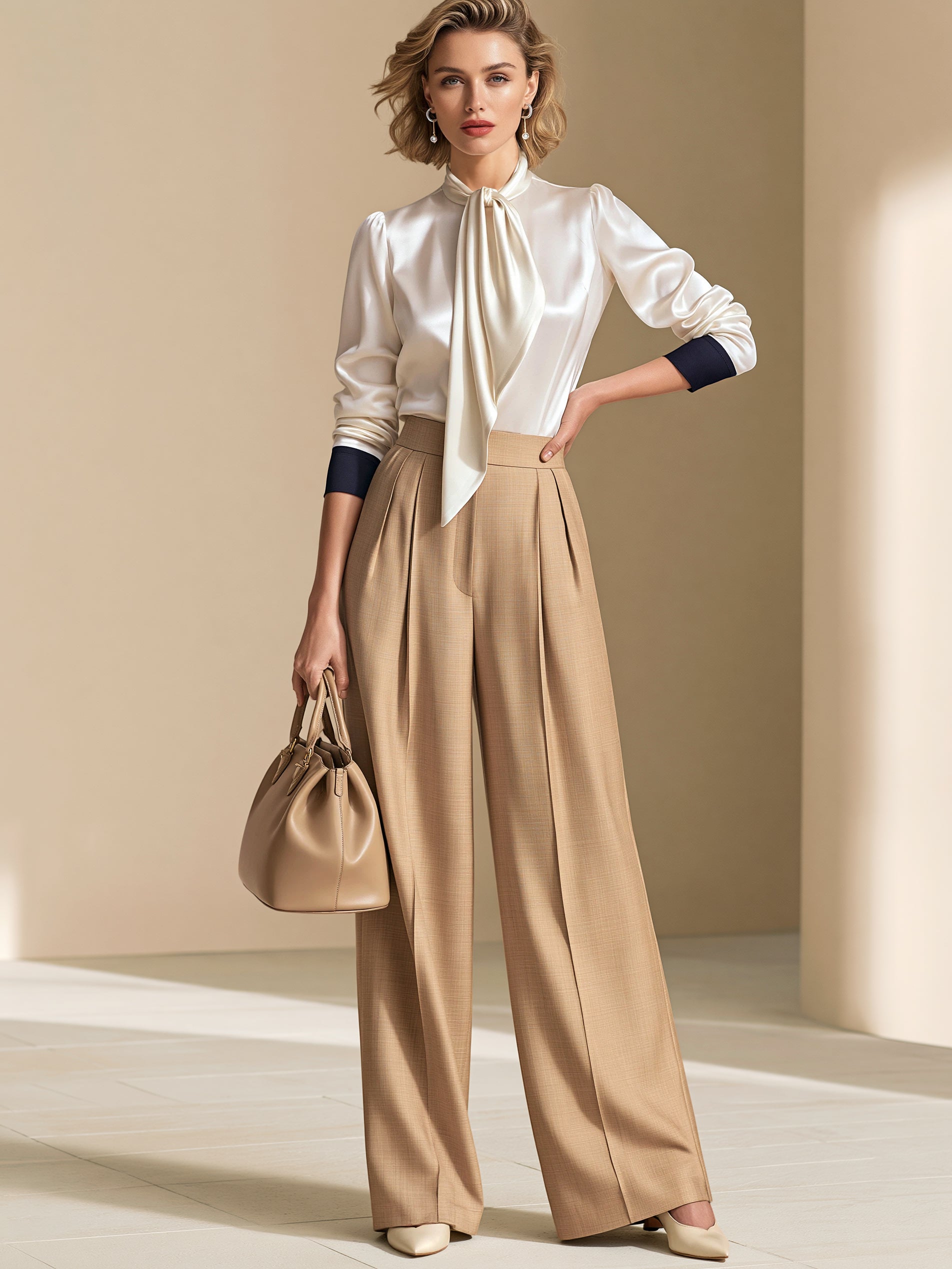 Neck Tie Contrast Cuff Blouse & Camel High Waist Wide Leg Trousers Set