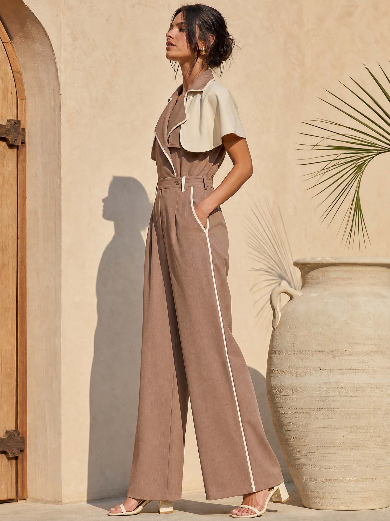 Elegant Contrast Cape Lapel Wide Leg Jumpsuit