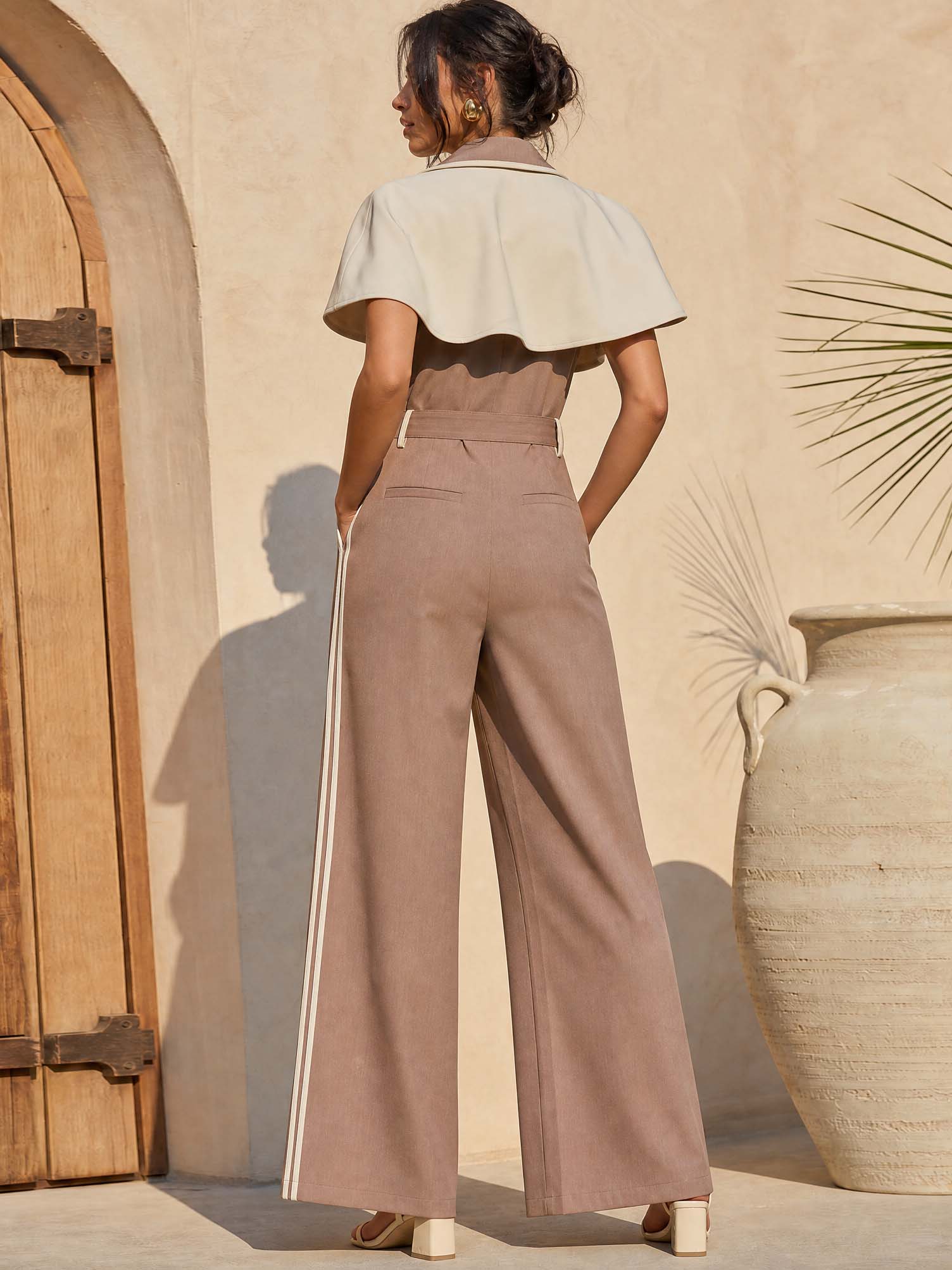 Elegant Contrast Cape Lapel Wide Leg Jumpsuit