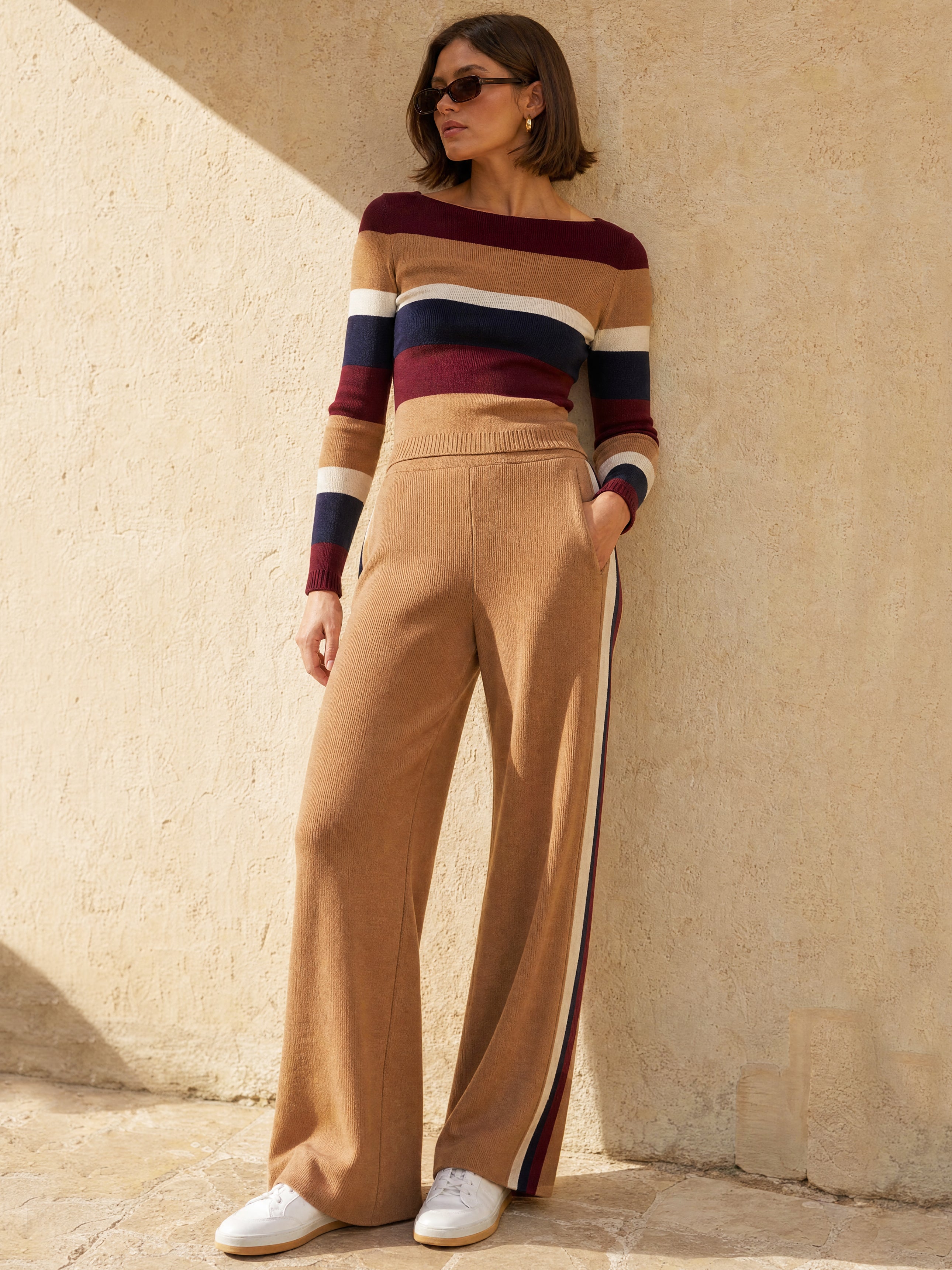 Retro Stripe Rib Knit Off Shoulder Top & Wide Leg Trousers Set