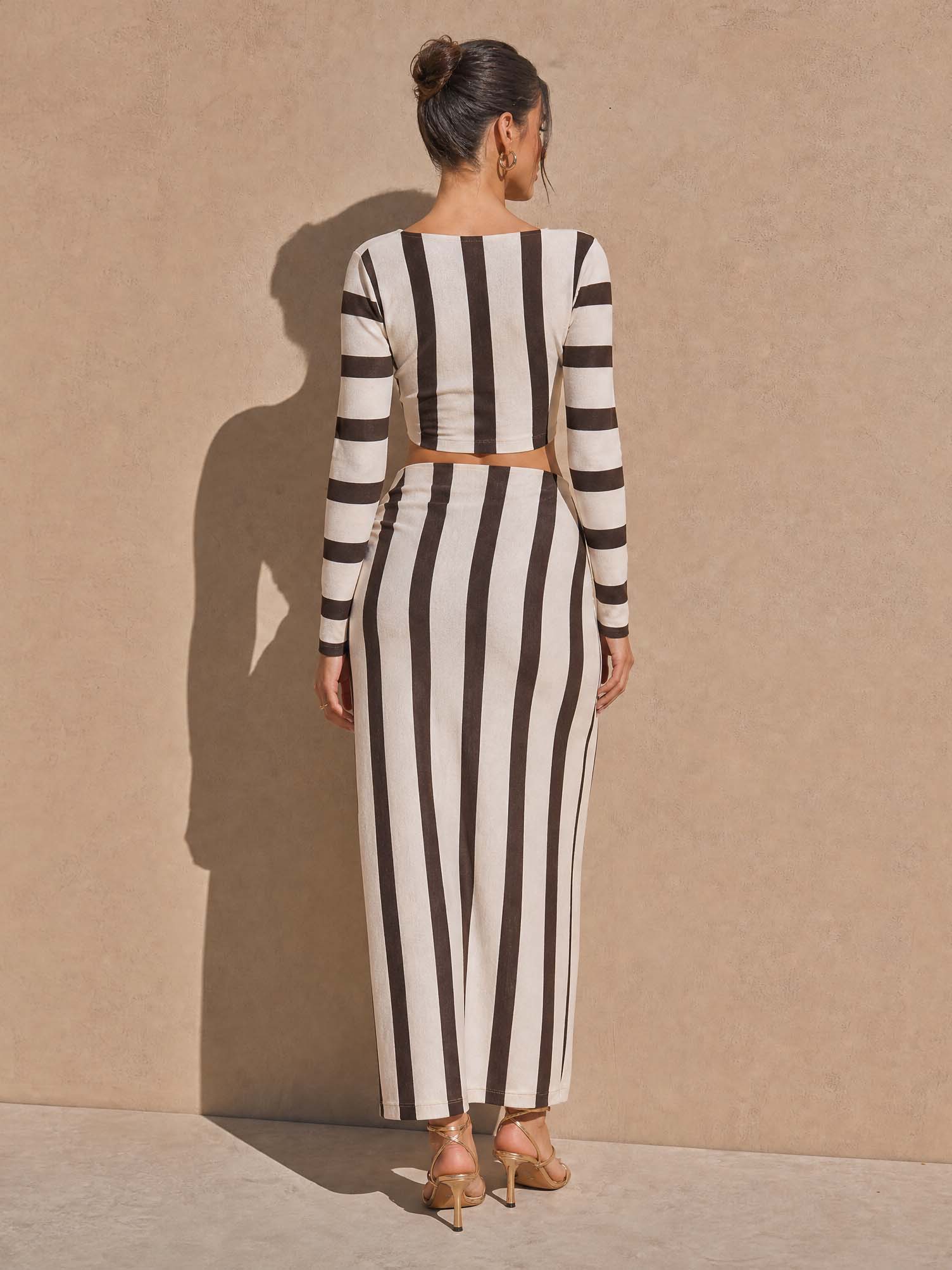 Striped Knit Set:Square Neck Top & Wrap Split Midi Skirt