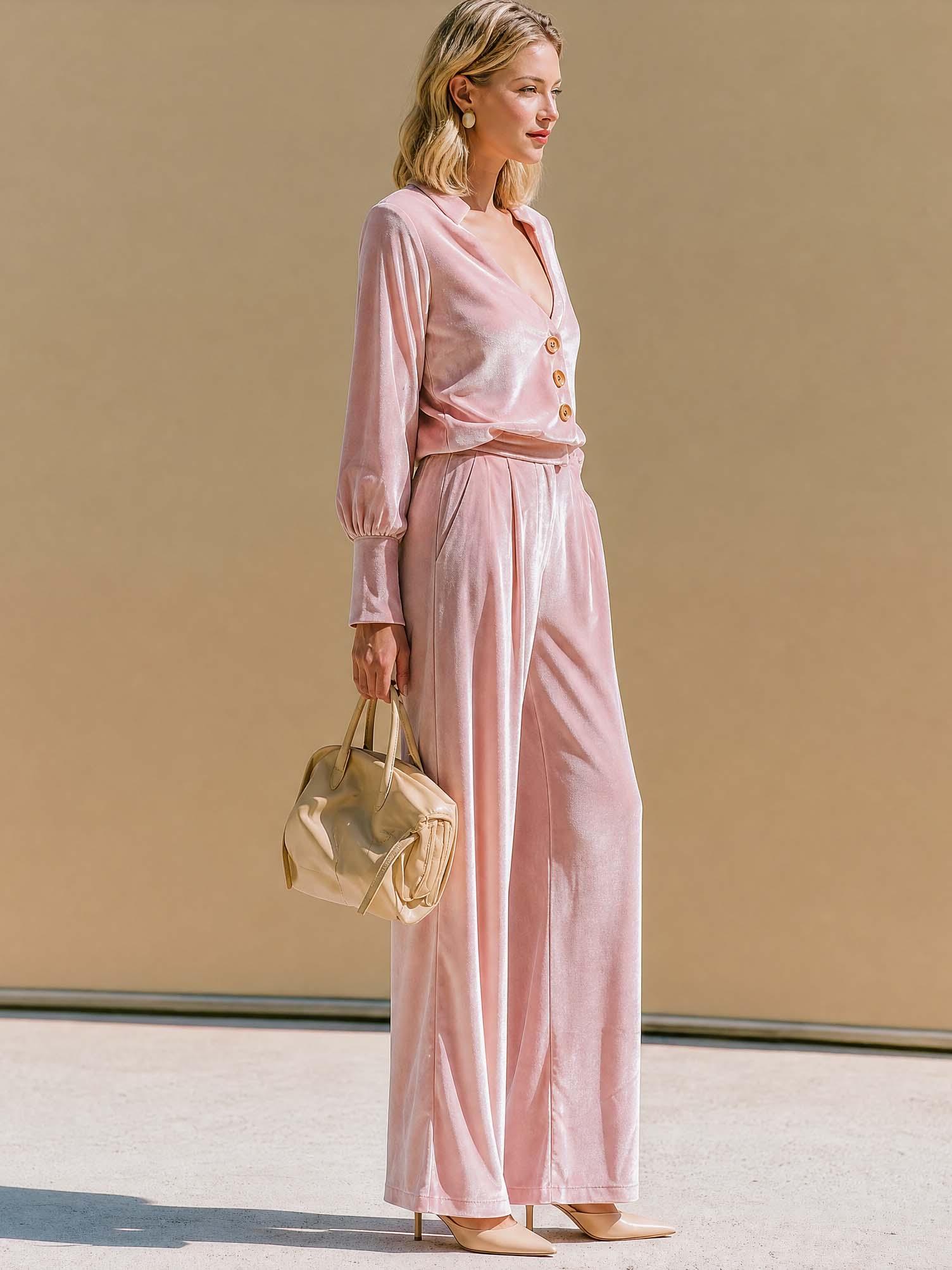 Elegant Velvet Suit: V-Neck Blouse & Wide Leg Pants