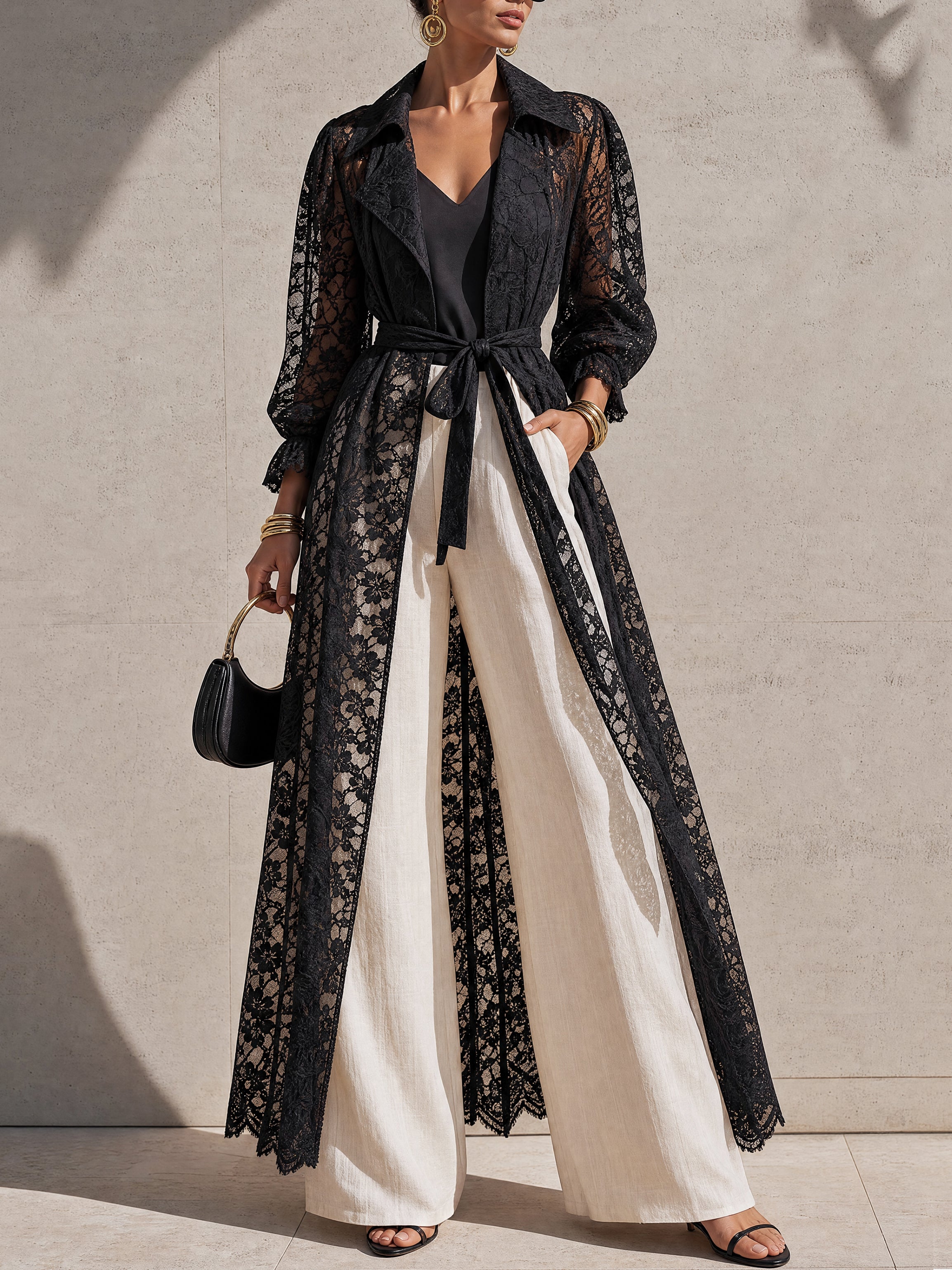 Black Floral Lace Balloon Sleeve Long Trench Coat
