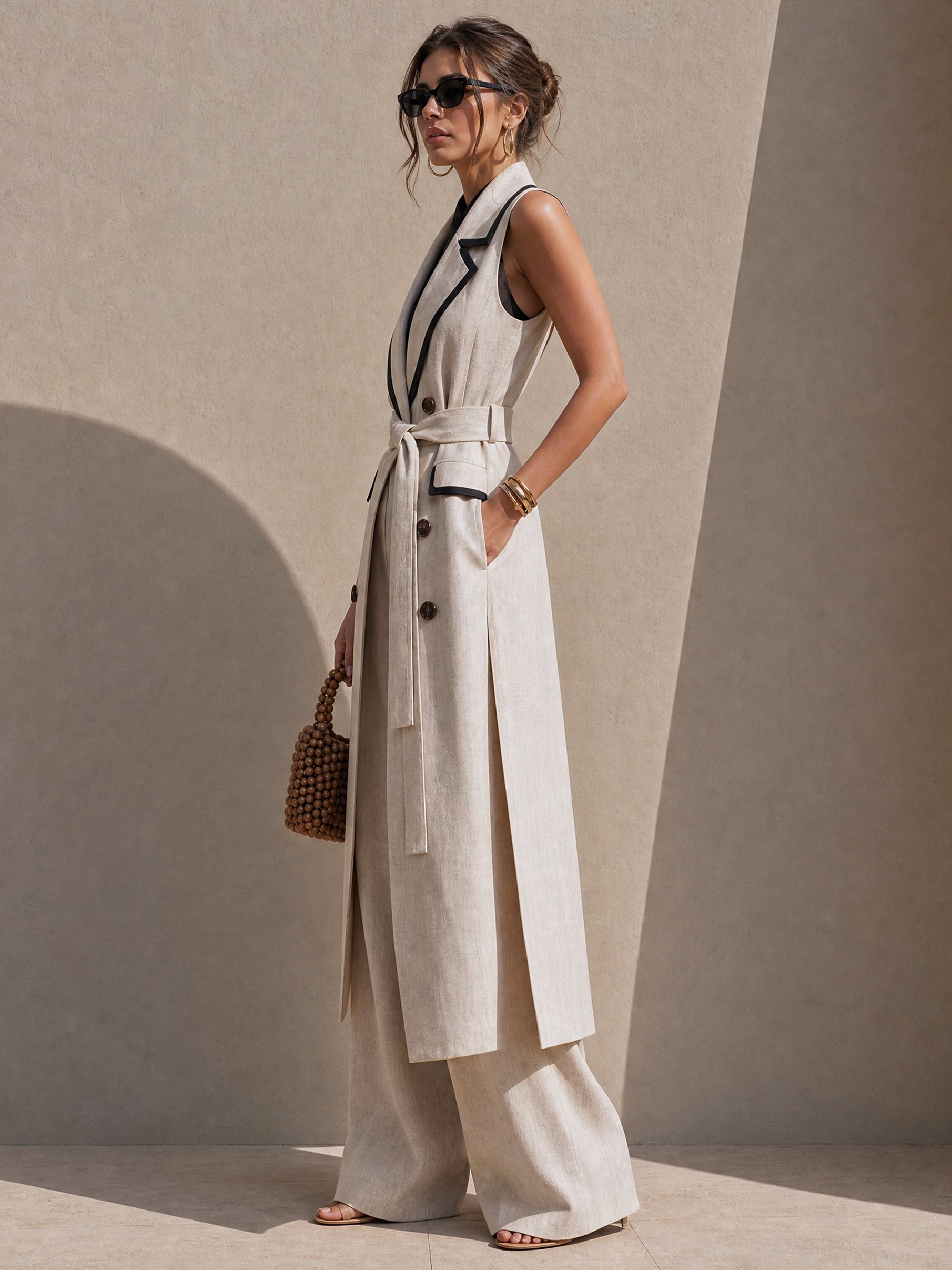 Linen Long Black Piped Trim Sleeveless Blazer Waistcoat