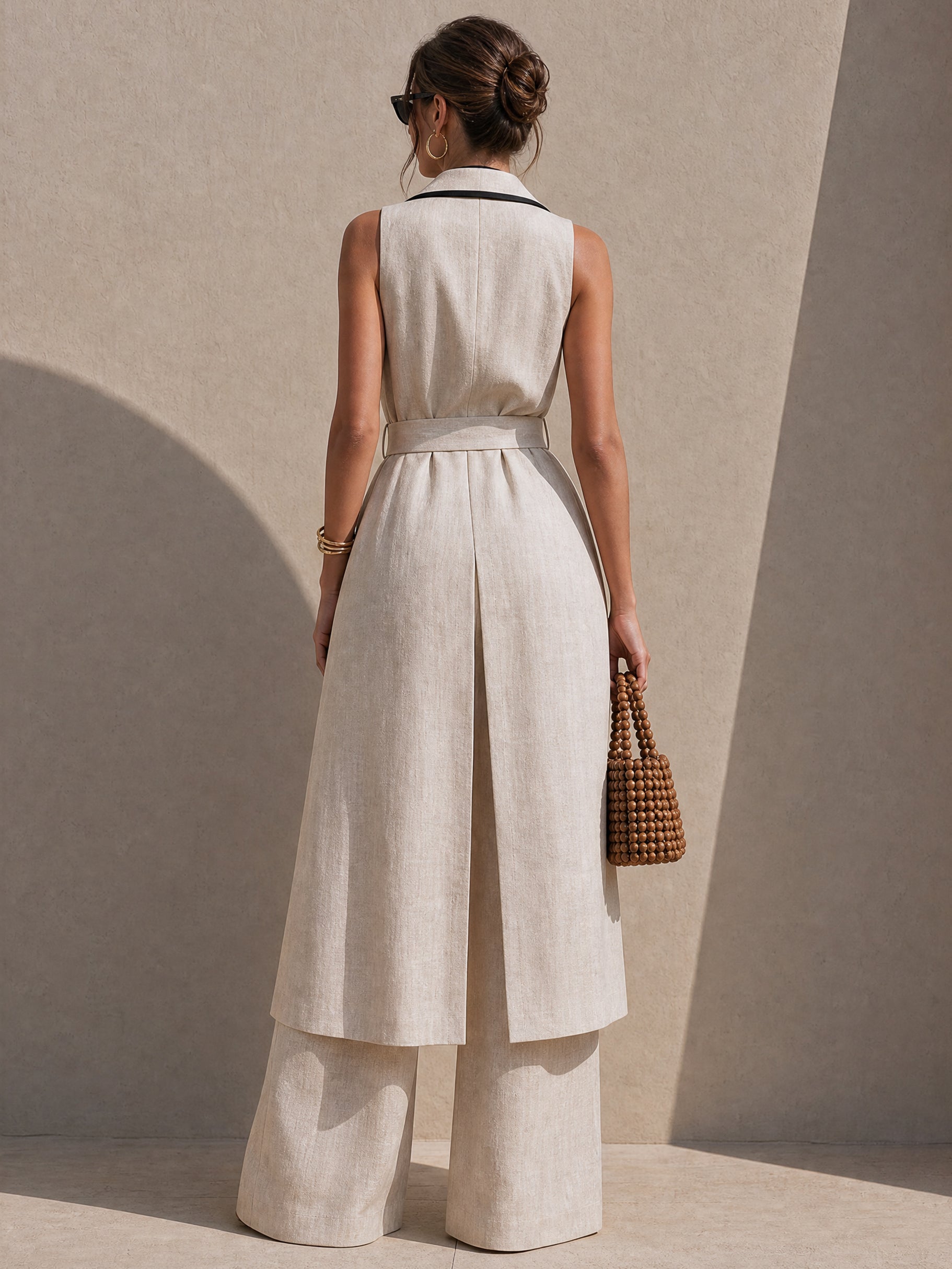 Linen Long Black Piped Trim Sleeveless Blazer Waistcoat