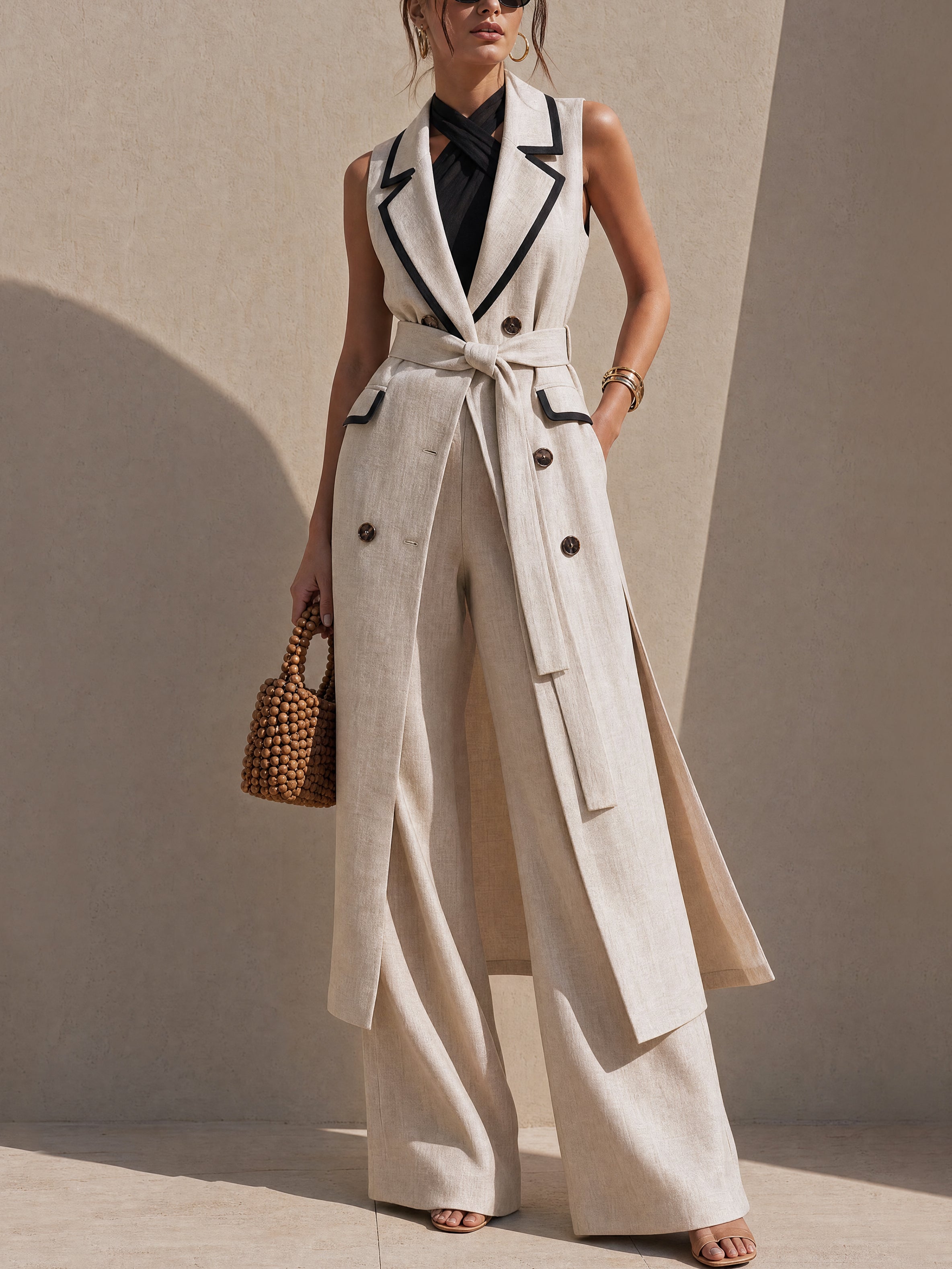 Linen Long Black Piped Trim Sleeveless Blazer Waistcoat