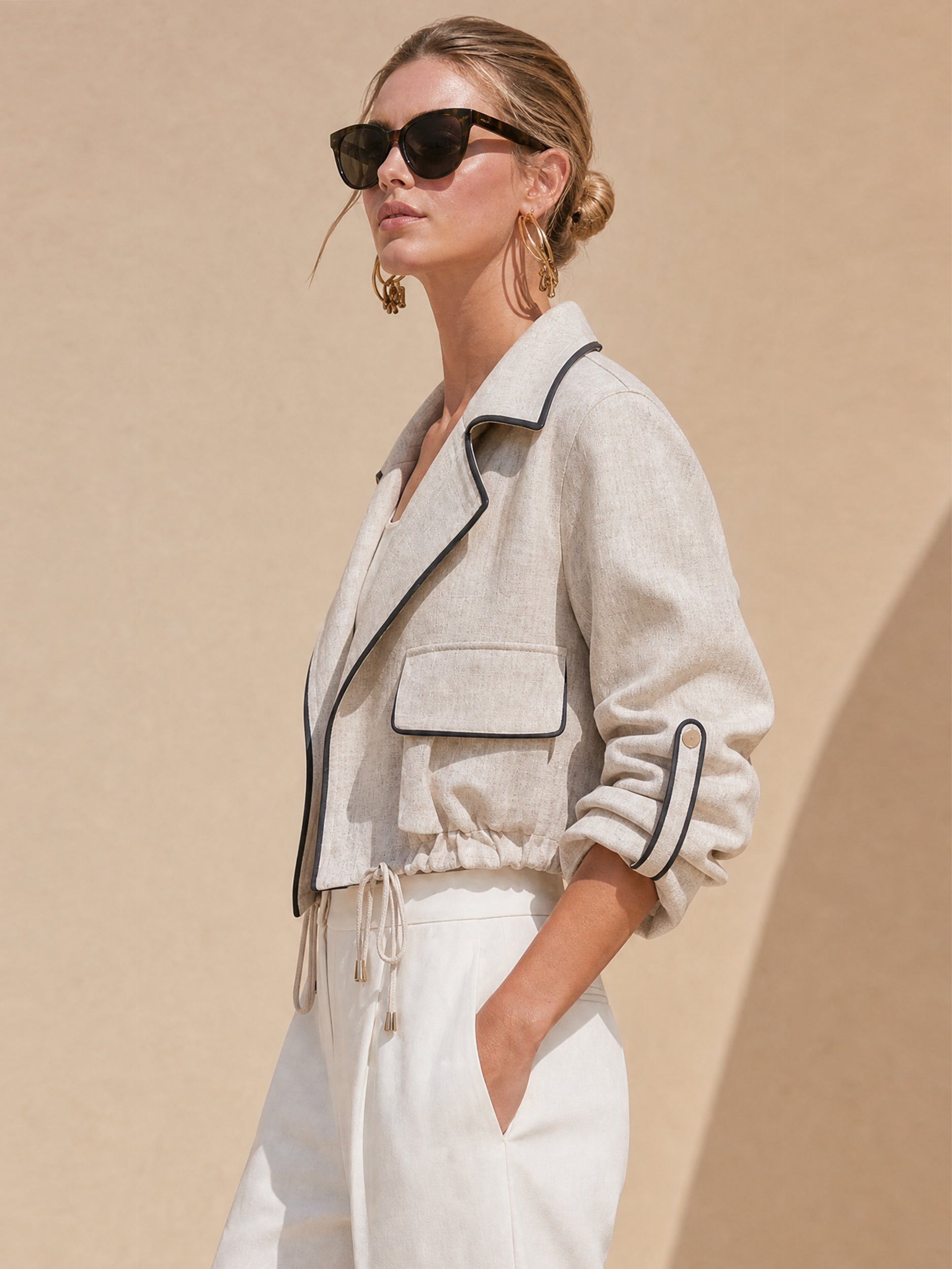 Tailored Linen Notch-Lapel Contrast-Piped Cropped Jacket