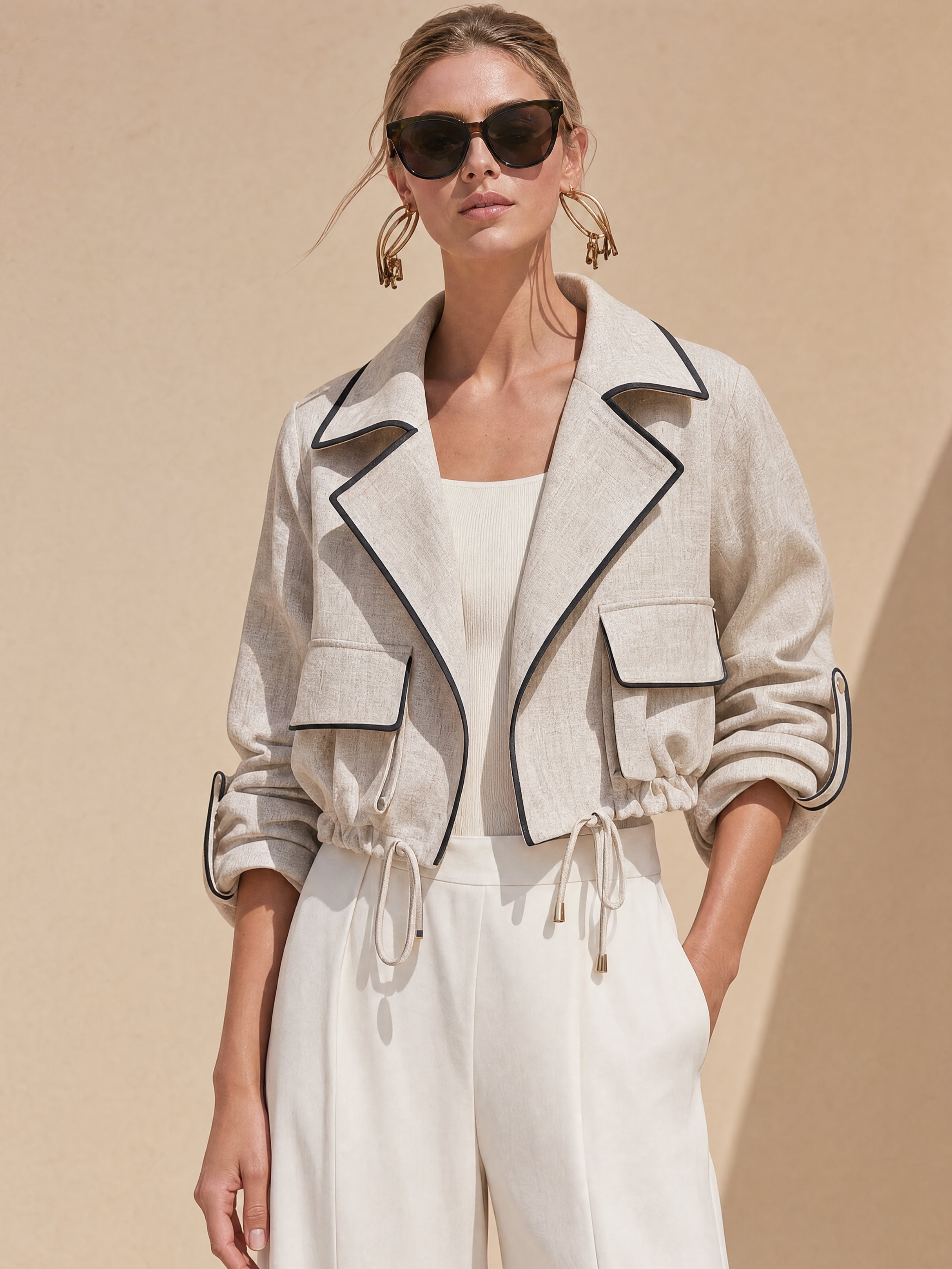 Tailored Linen Notch-Lapel Contrast-Piped Cropped Jacket
